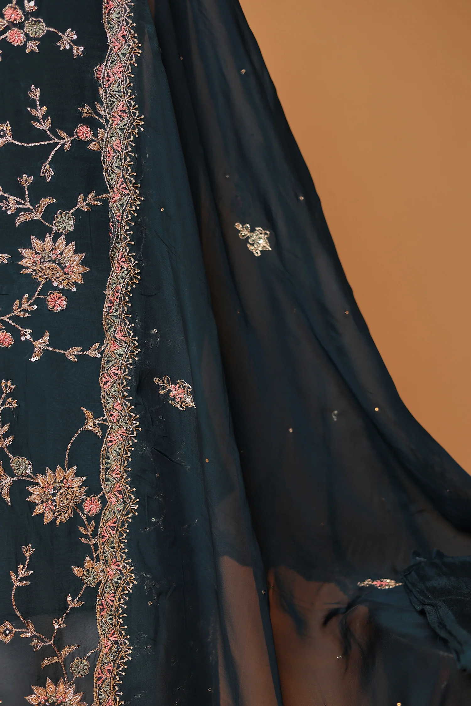 Organza Unstitched Suit with Aari, Thread and Zardozi work - Image 3