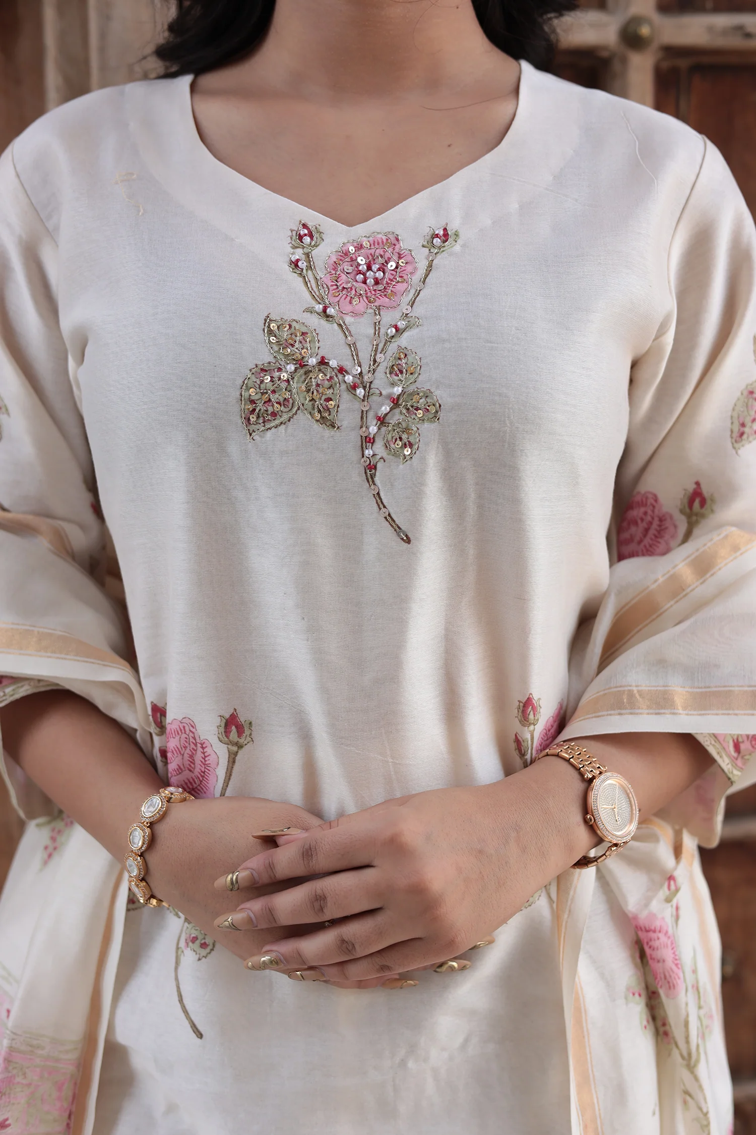 Printed Chanderi Kurta Set Stitched with Pearl and Thread work - Image 4
