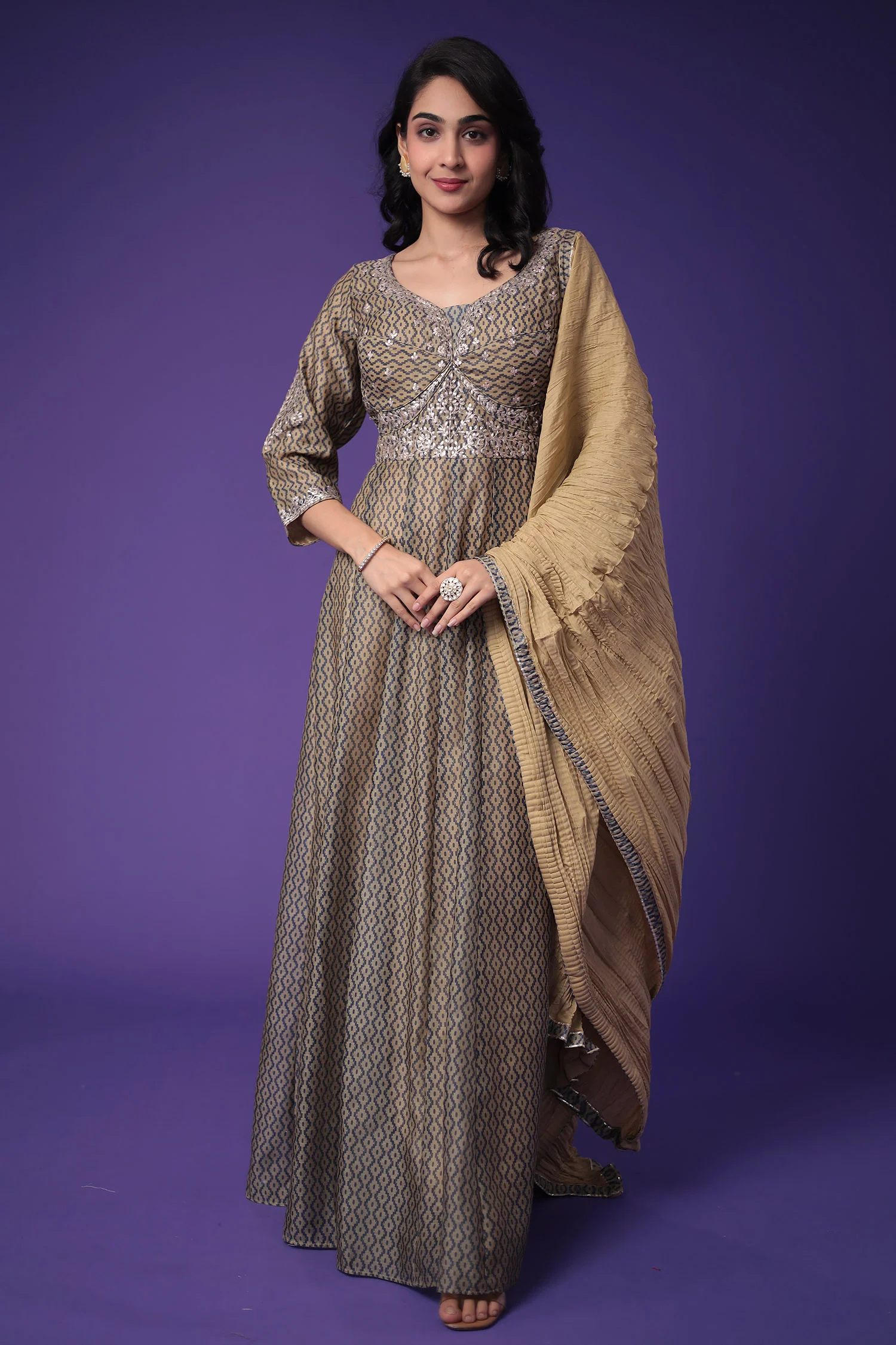 Printed Anarkali Chanderi Silk Suit Embroidered with Pittan work