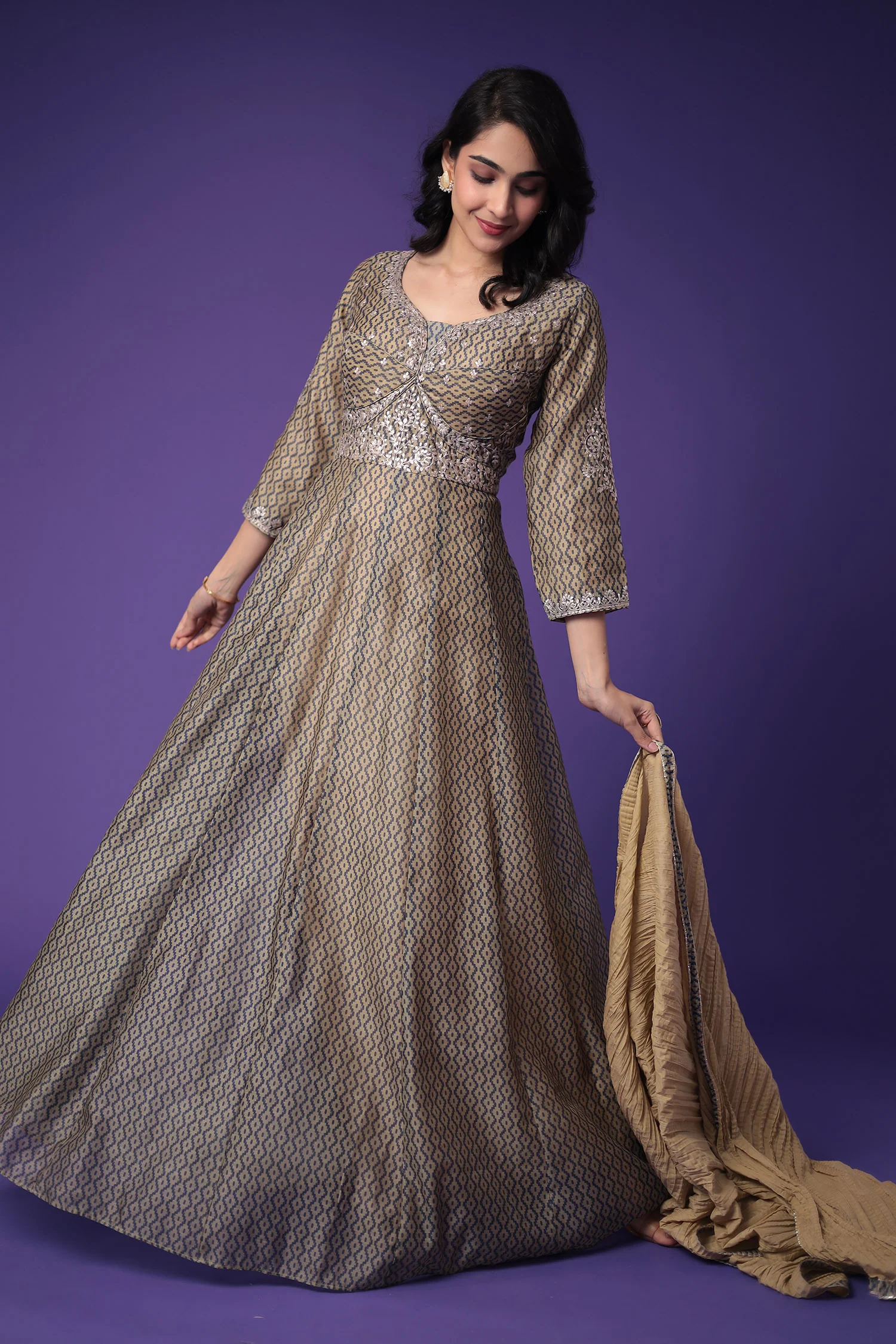 Printed Anarkali Chanderi Silk Suit Embroidered with Pittan work - Image 6
