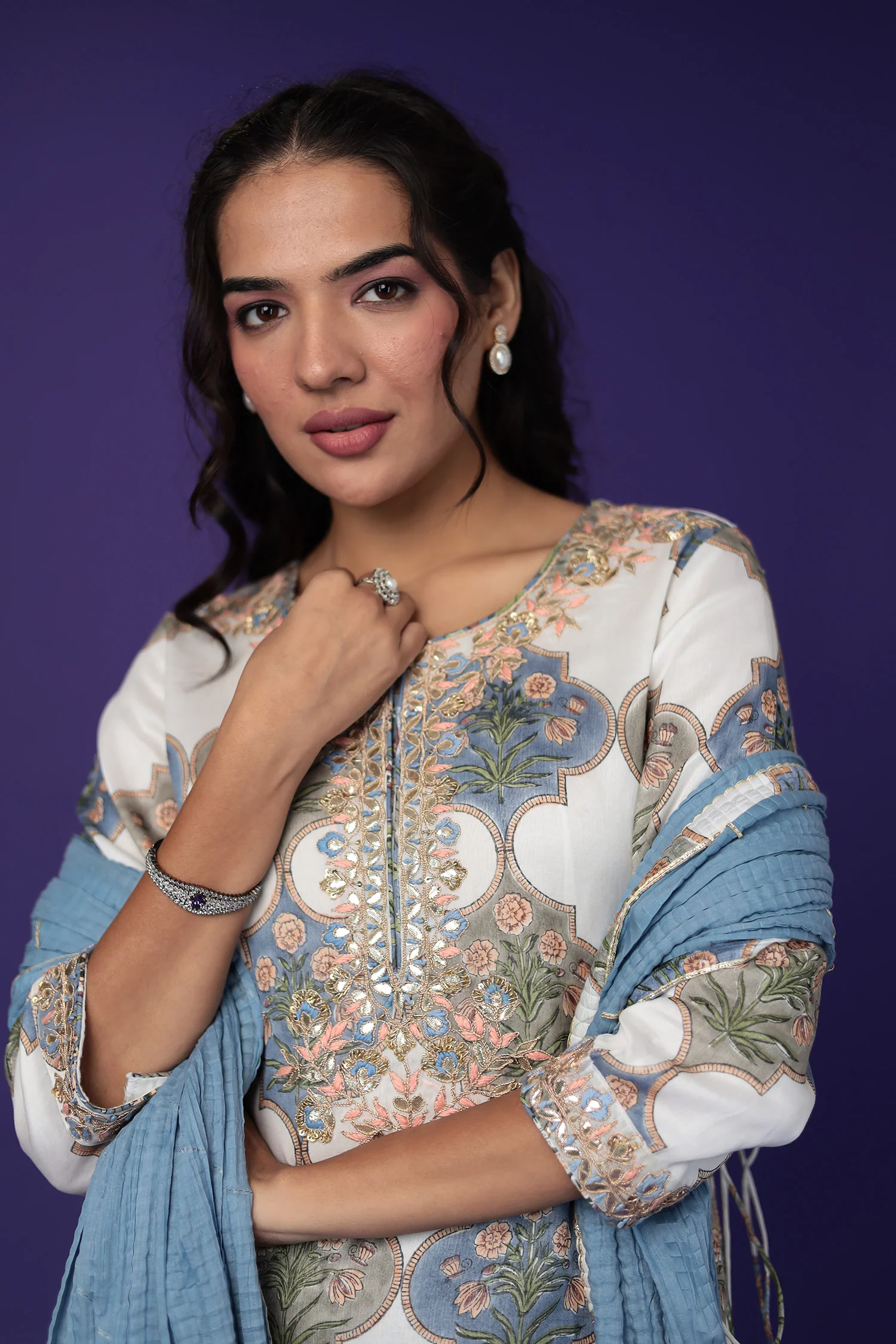 Embroidered Printed Chanderi Suit with Zardozi work - Image 2