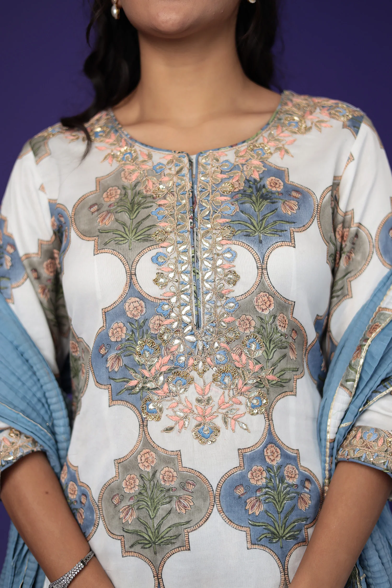 Embroidered Printed Chanderi Suit with Zardozi work - Image 4