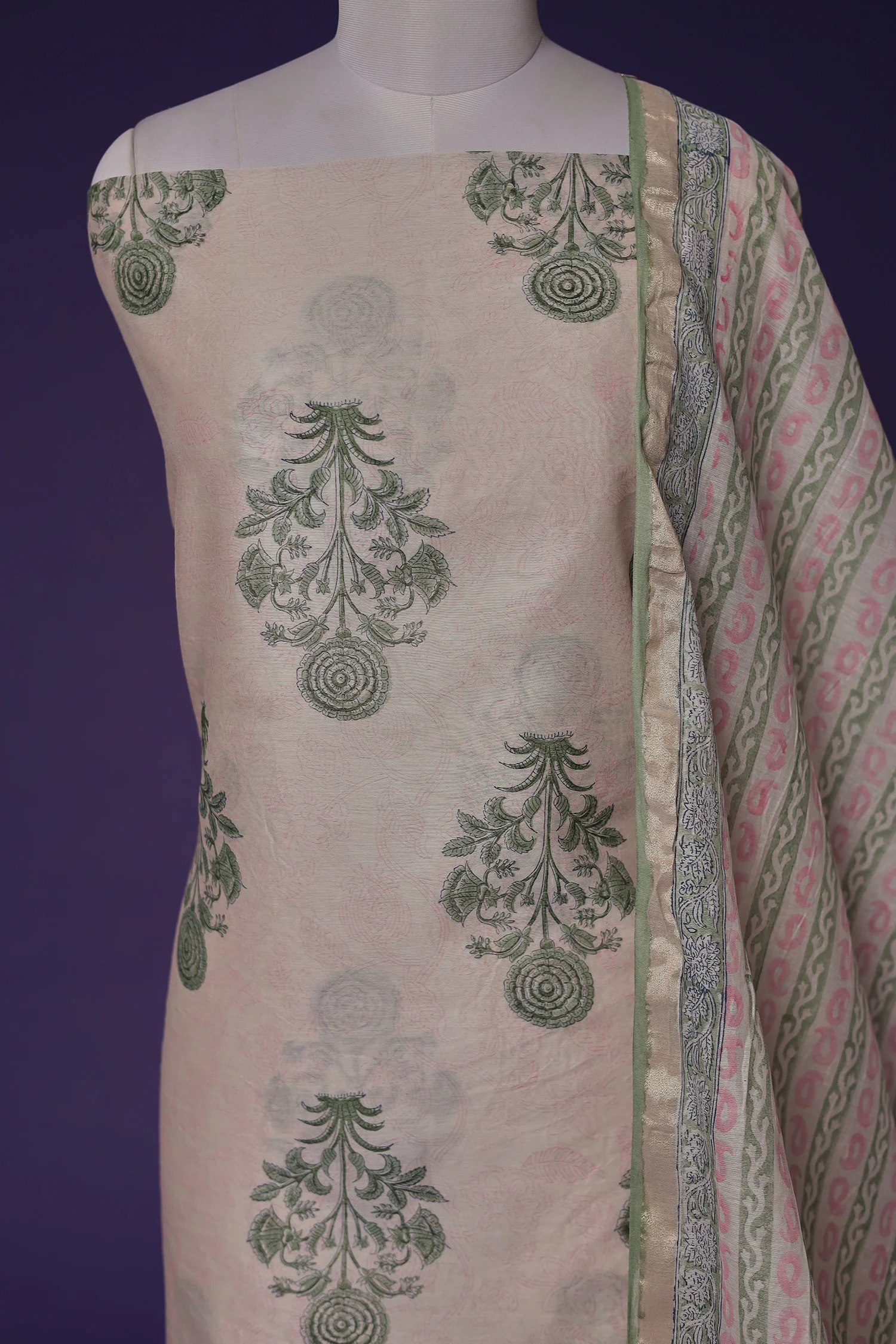 Printed Chanderi Unstitched Suit with Zari Border - Image 3