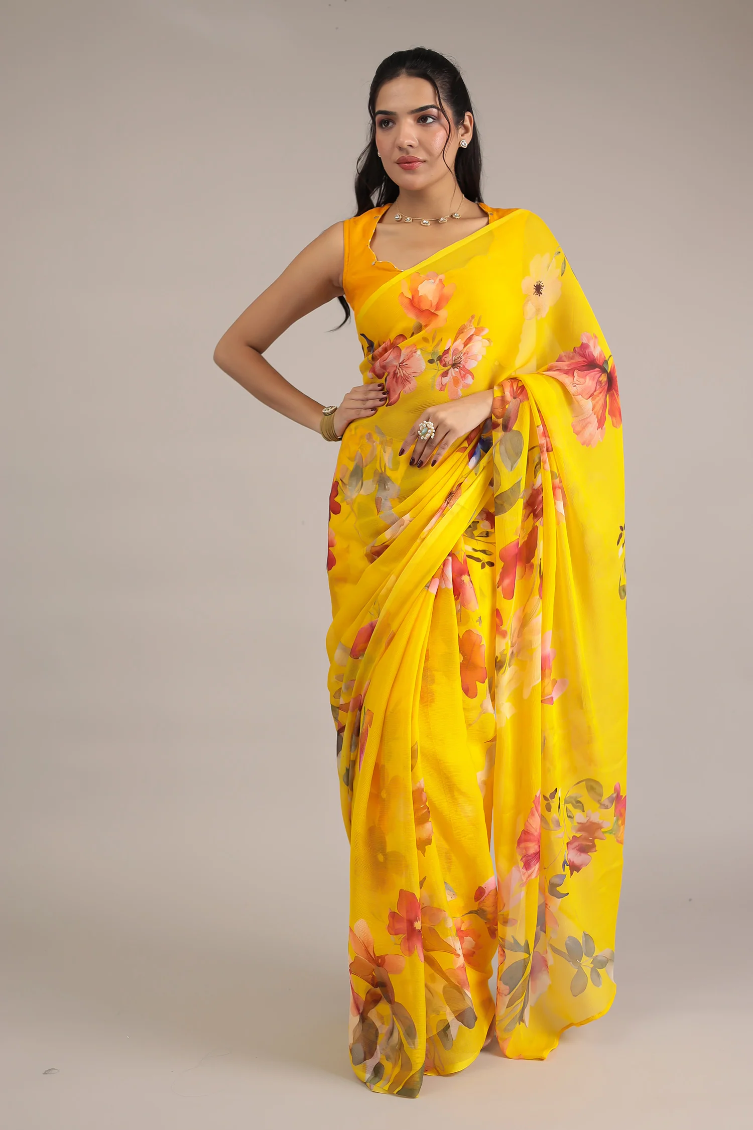 Floral Digital Print Chiffon Saree - Image 3