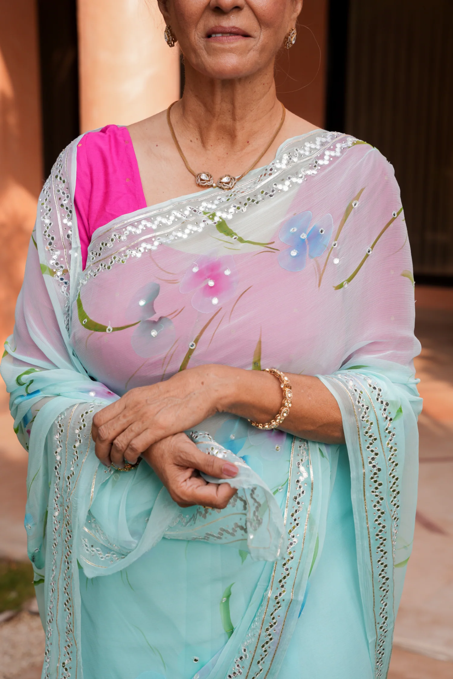 Printed Chiffon Saree with Gota and Foil work - Image 5