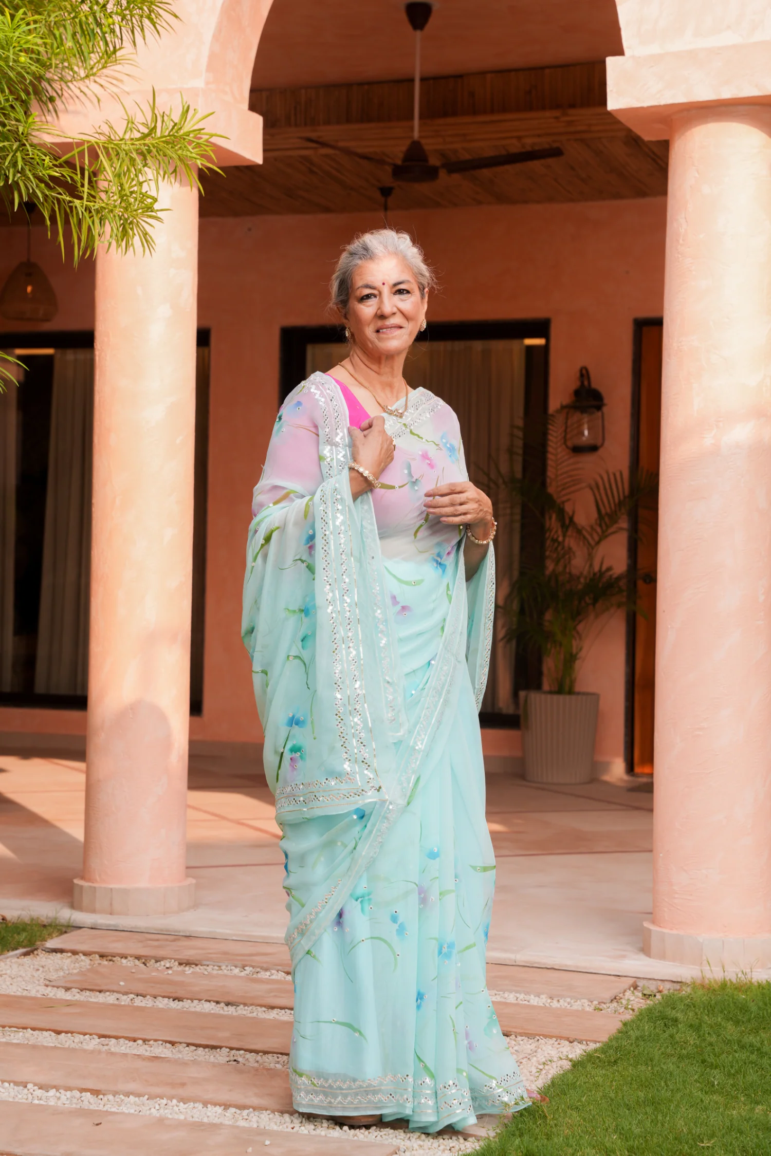 Printed Chiffon Saree with Gota and Foil work - Image 6
