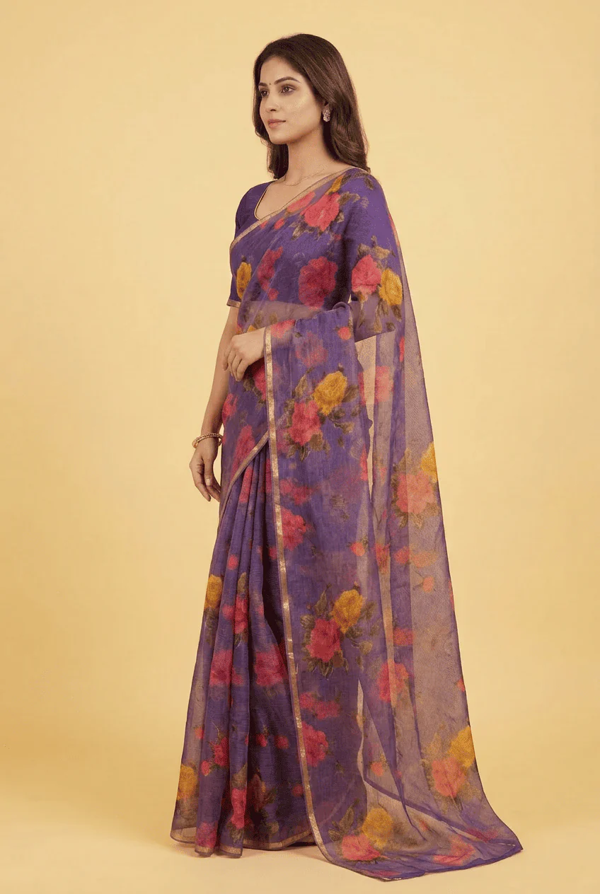 Printed Chiffon Saree with Zari work. - Image 2