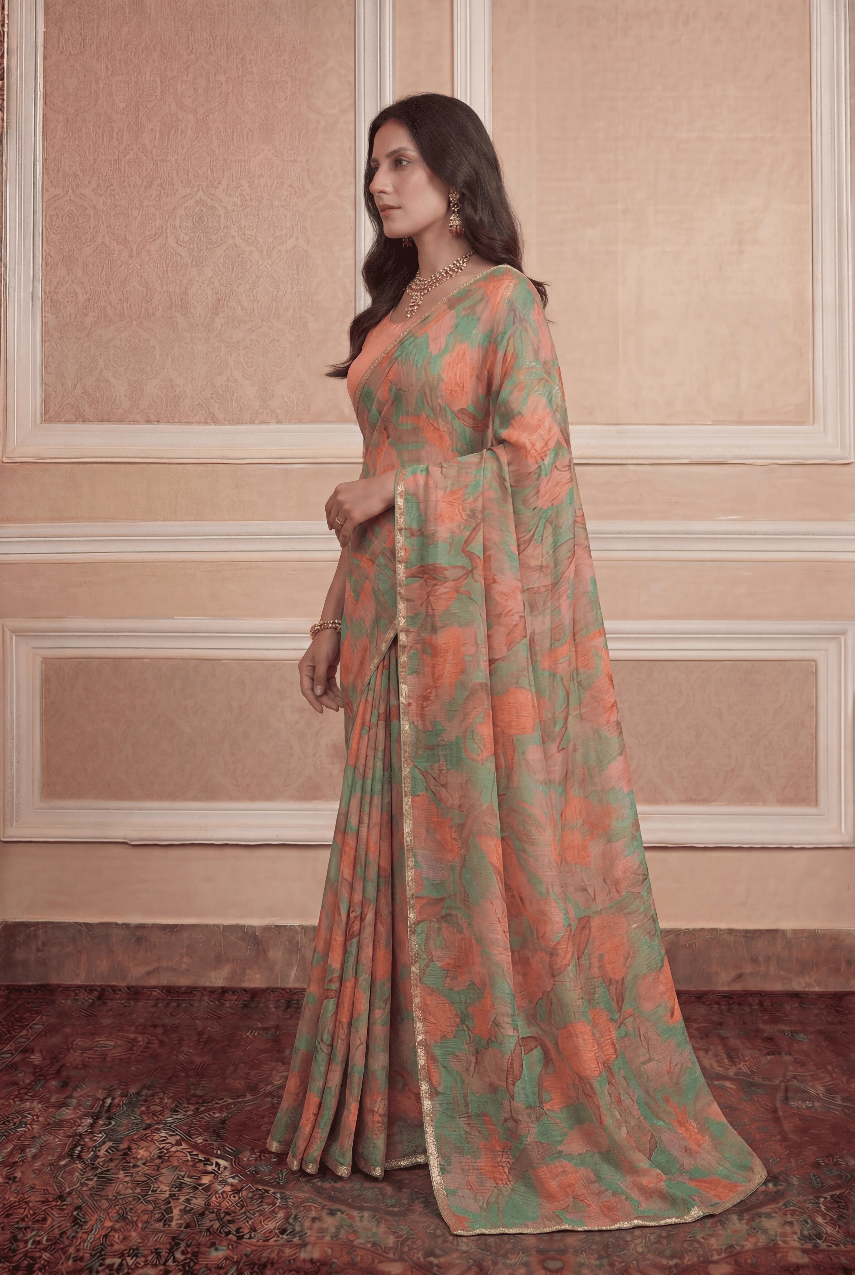 Printed Chiffon Saree with Zari work - Image 2