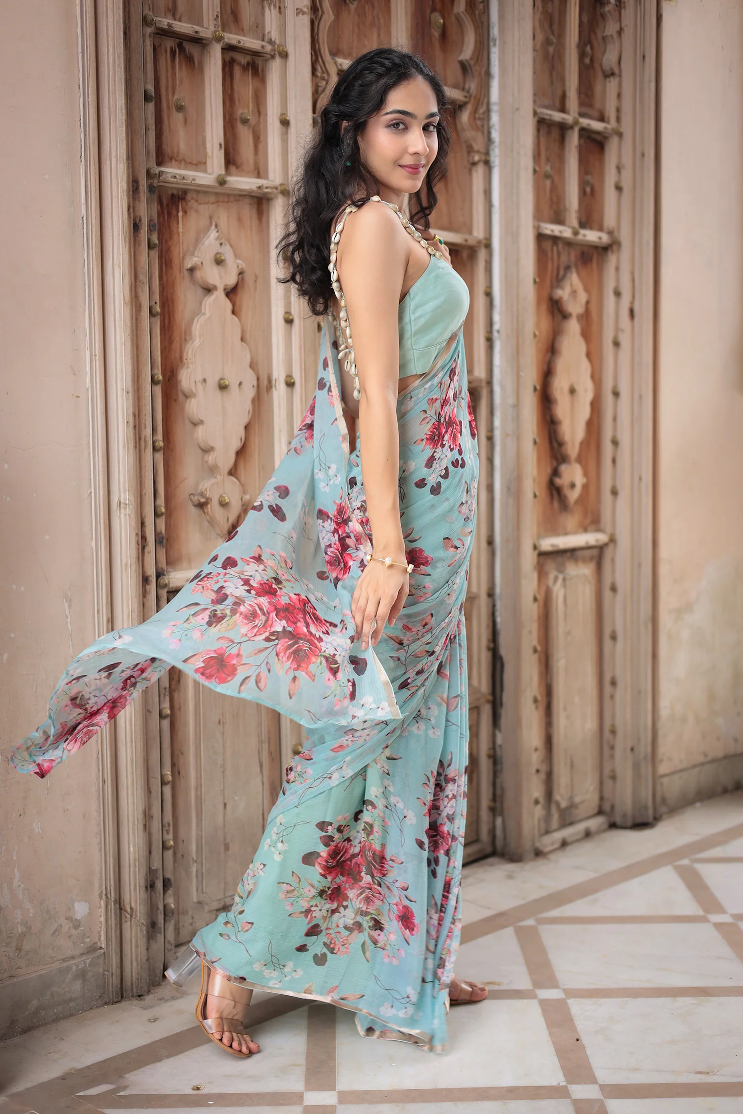 Floral Printed Chiffon Saree - Image 3