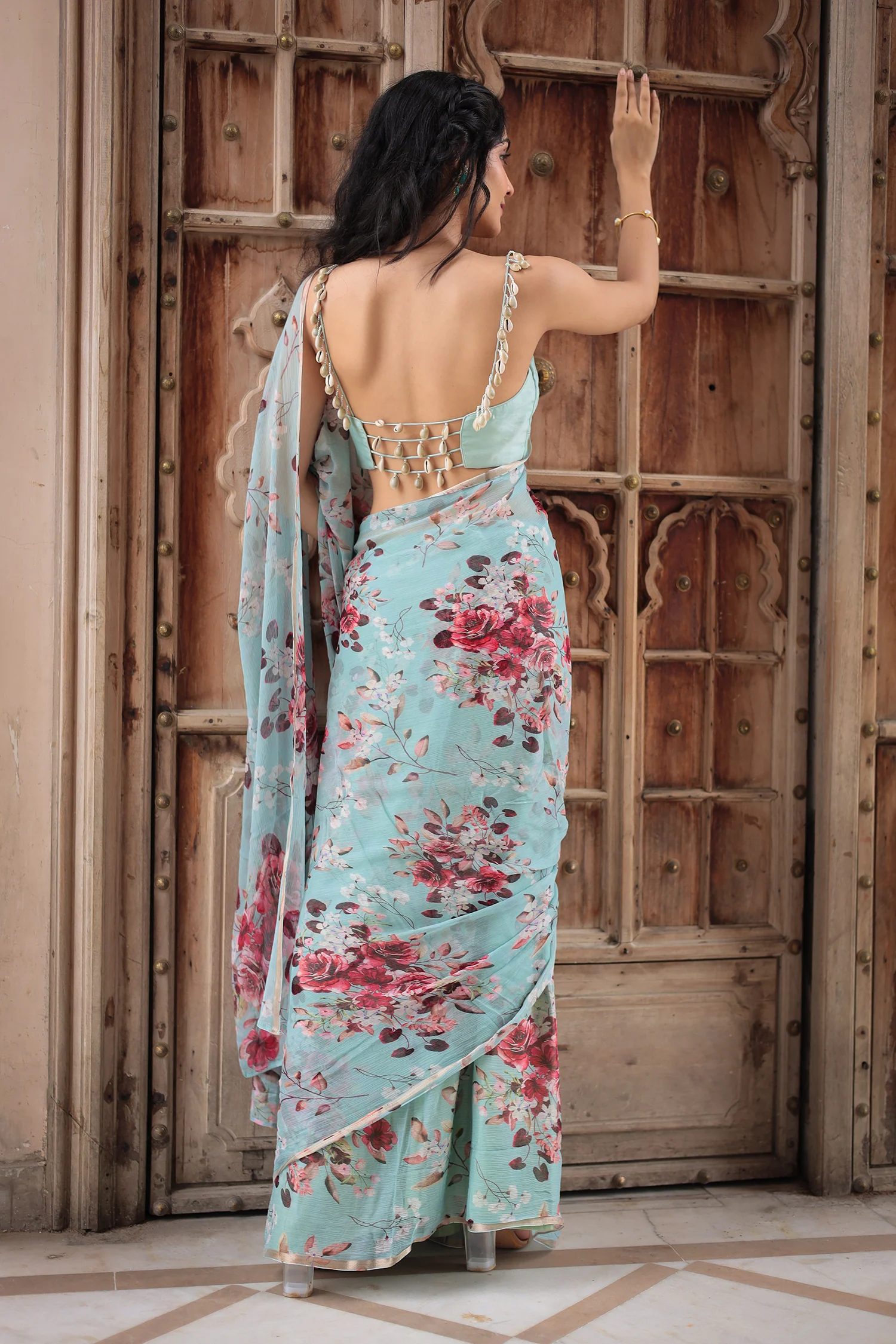 Floral Printed Chiffon Saree - Image 6