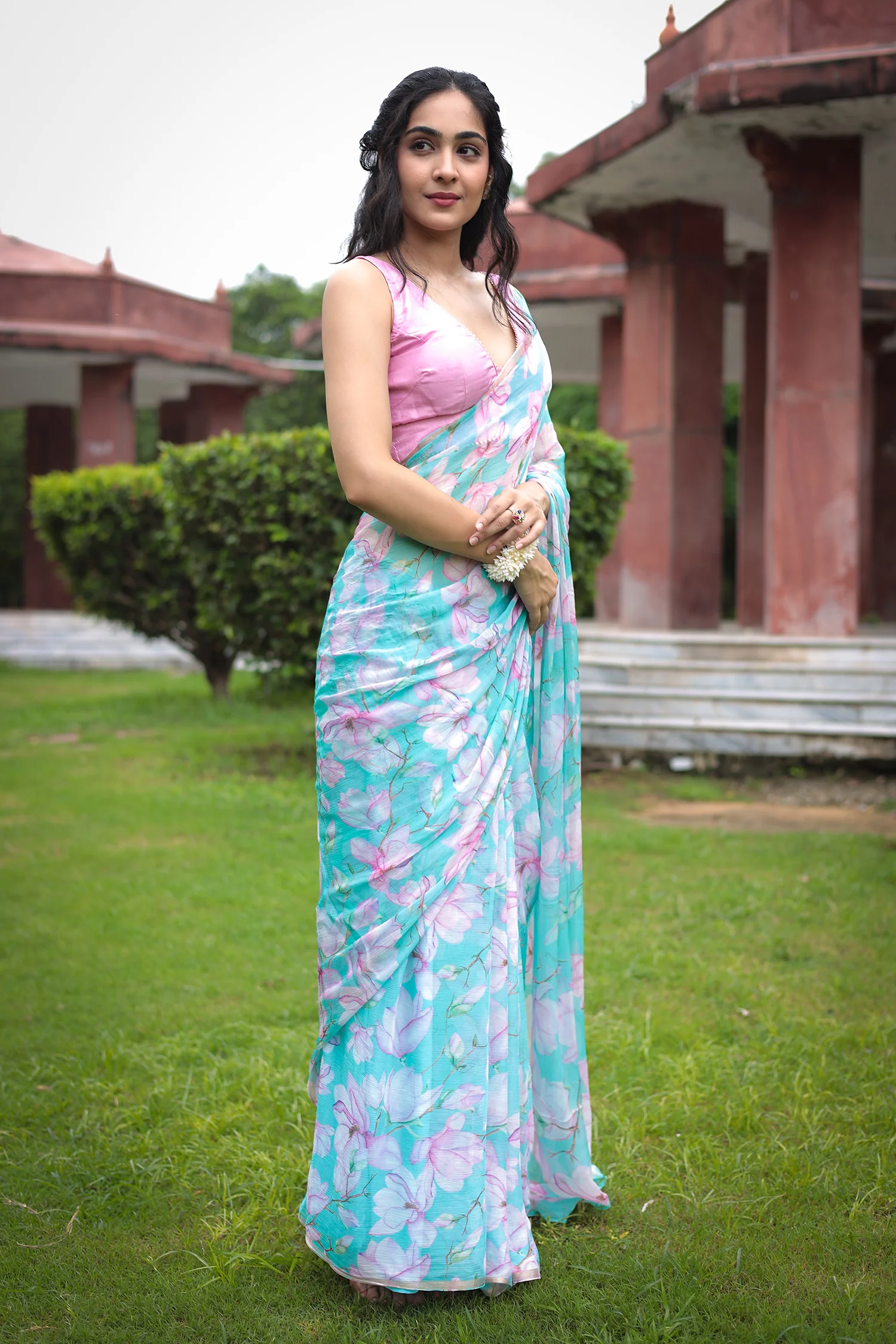 Floral Printed Chiffon Saree - Image 3