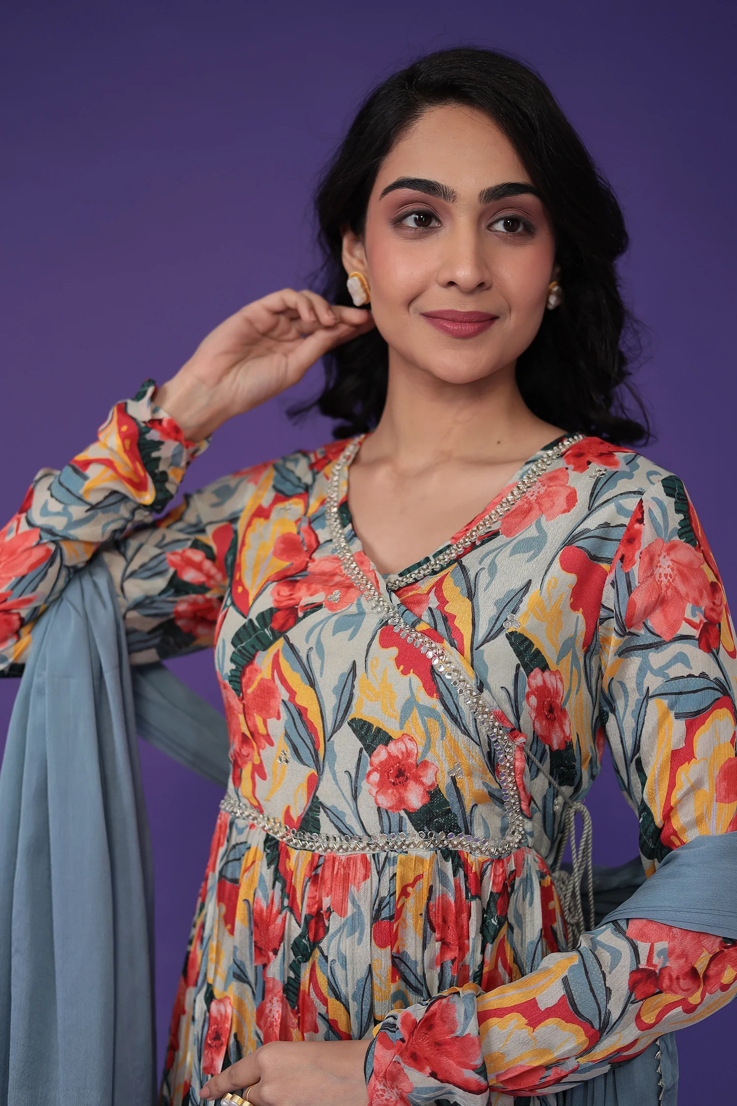 Printed Chinon Kurta Set Stitched with Embroidered work - Image 2