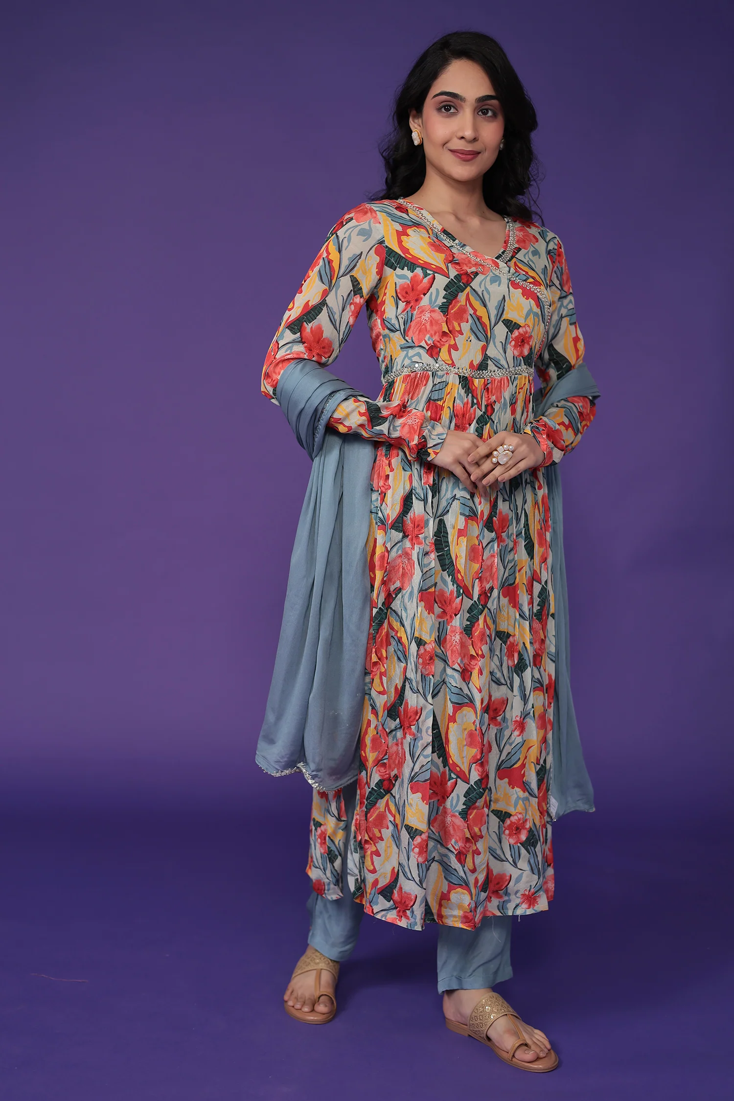 Printed Chinon Kurta Set Stitched with Embroidered work - Image 3