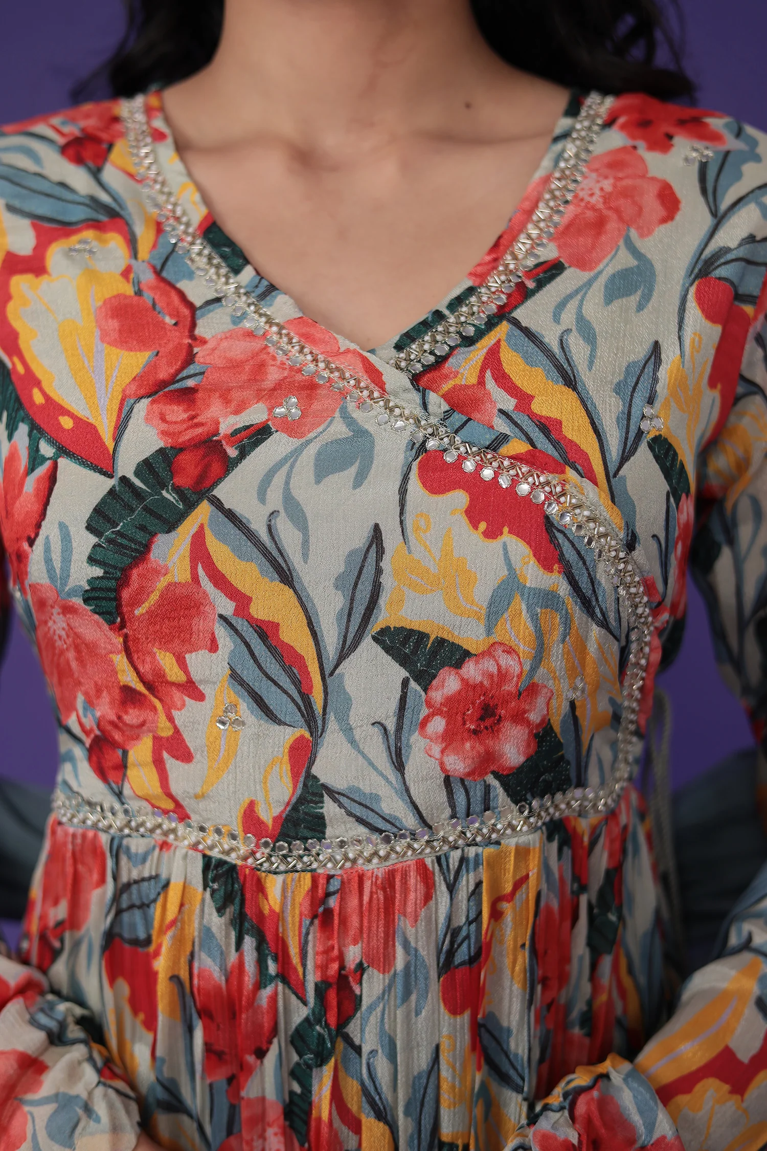Printed Chinon Kurta Set Stitched with Embroidered work - Image 4