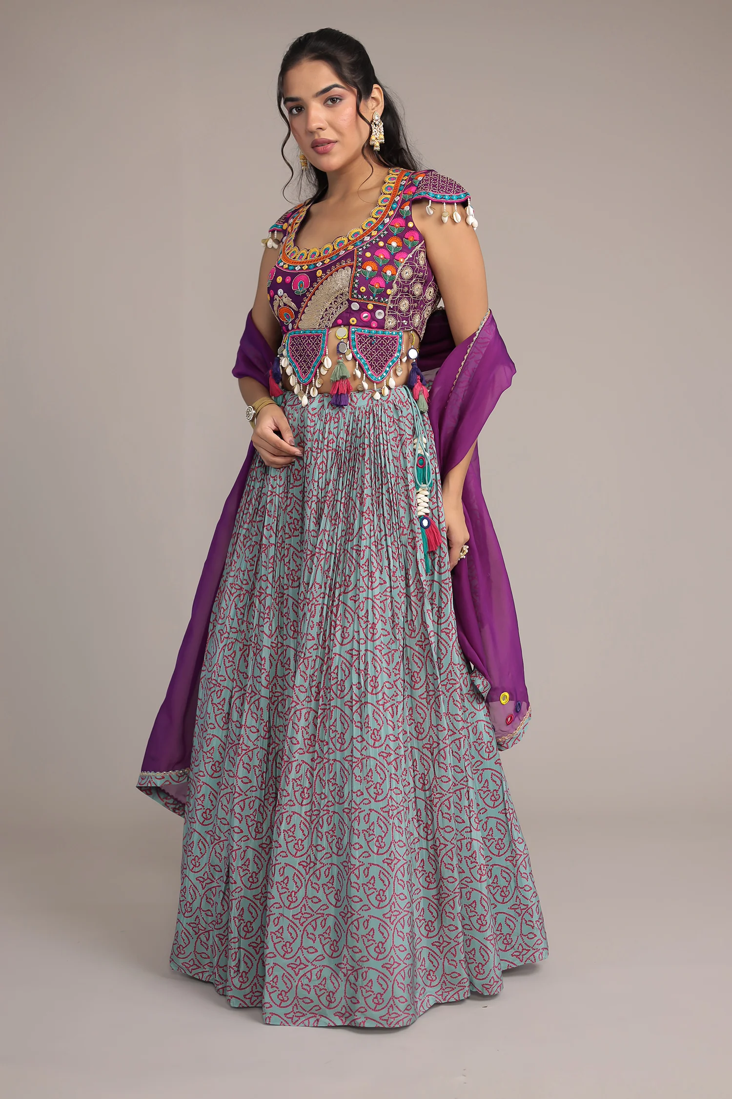 Printed Chinon Silk Embroidered Lehenga with Dori and Mirror work - Image 5