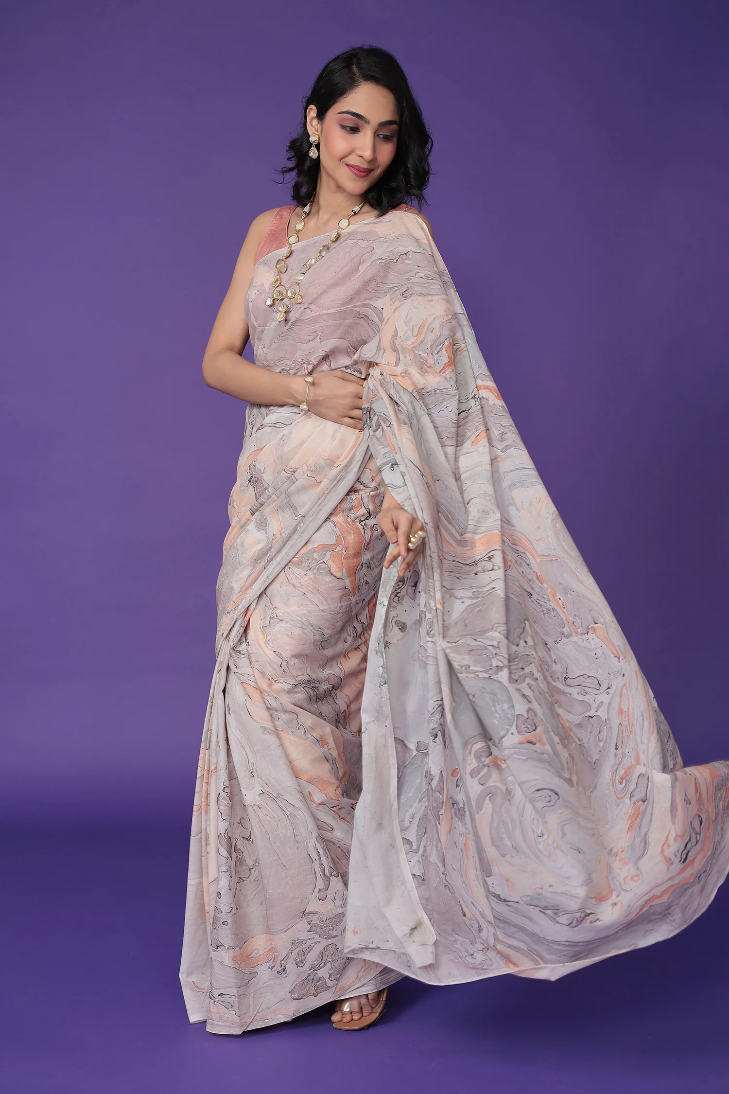 Mulmul Cotton Saree with Marble print - Image 6