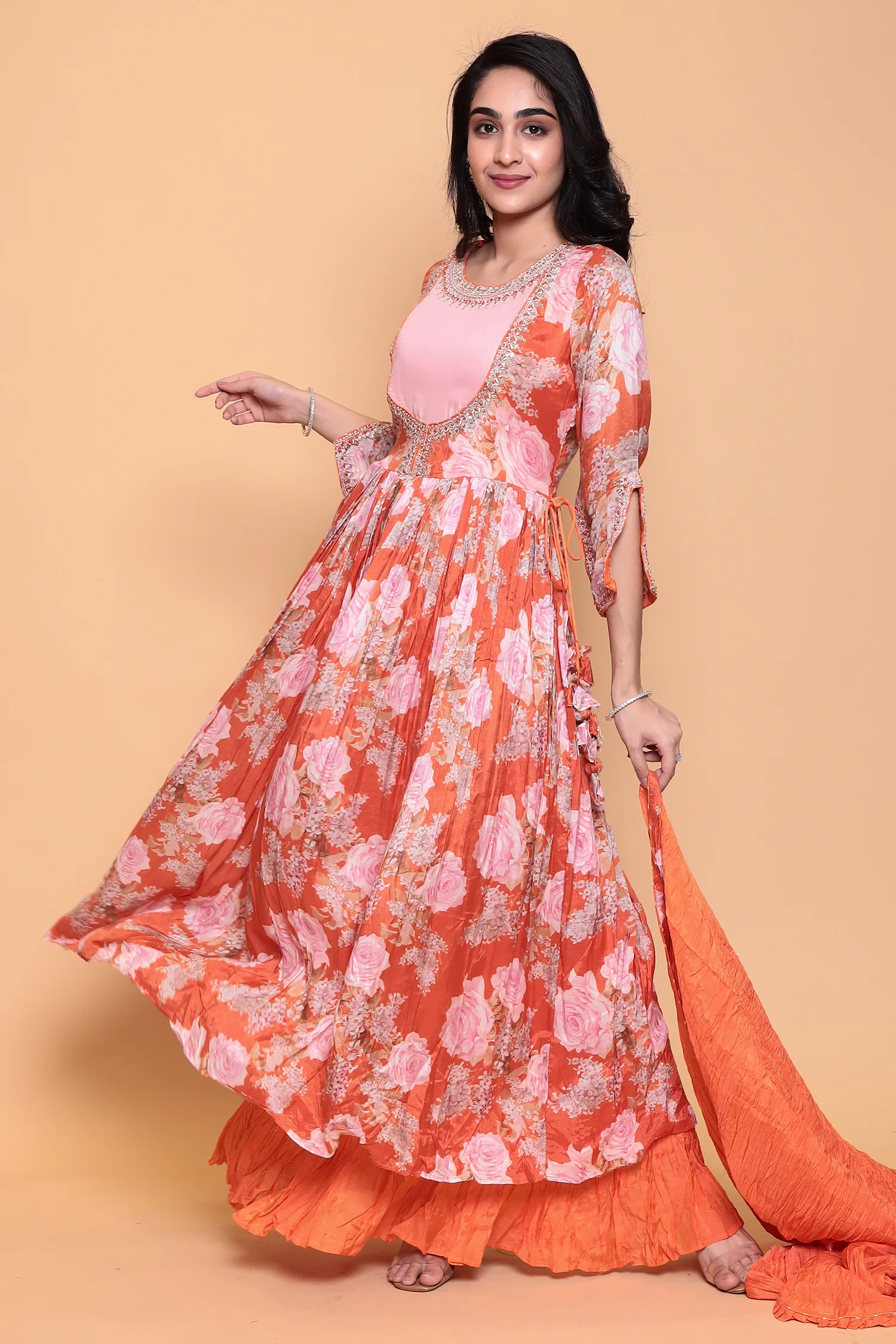 Printed Flared Anarkali Cotton silk Suit with Thread work. - Image 3