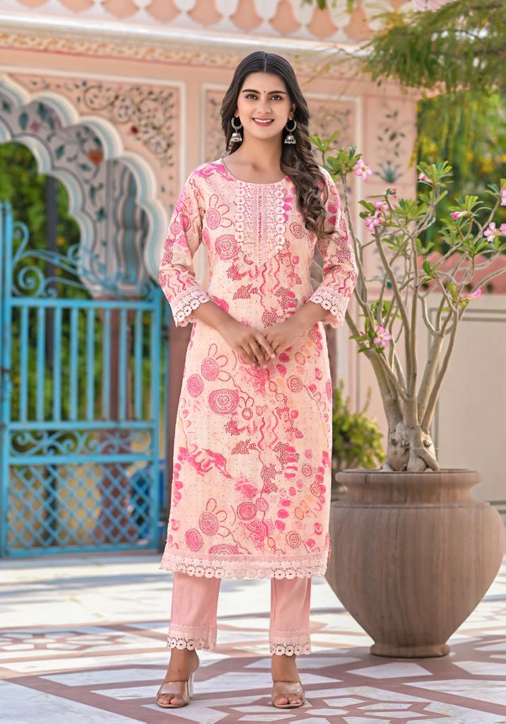 Printed Cotton Straight Suit with Embroidered work. - Image 3