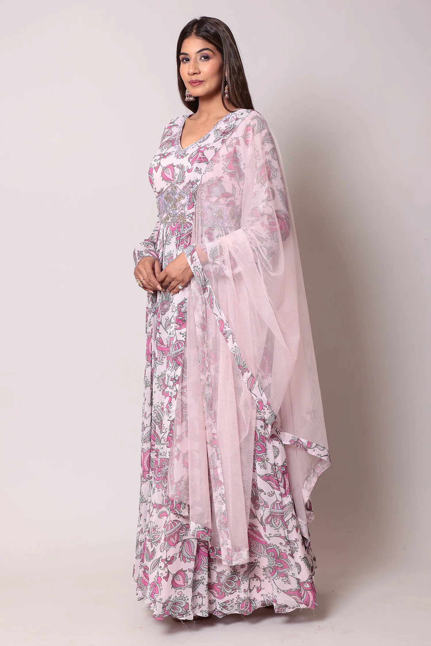 Anarkali Printed Georgette Gown with Cutdana work. - Image 3