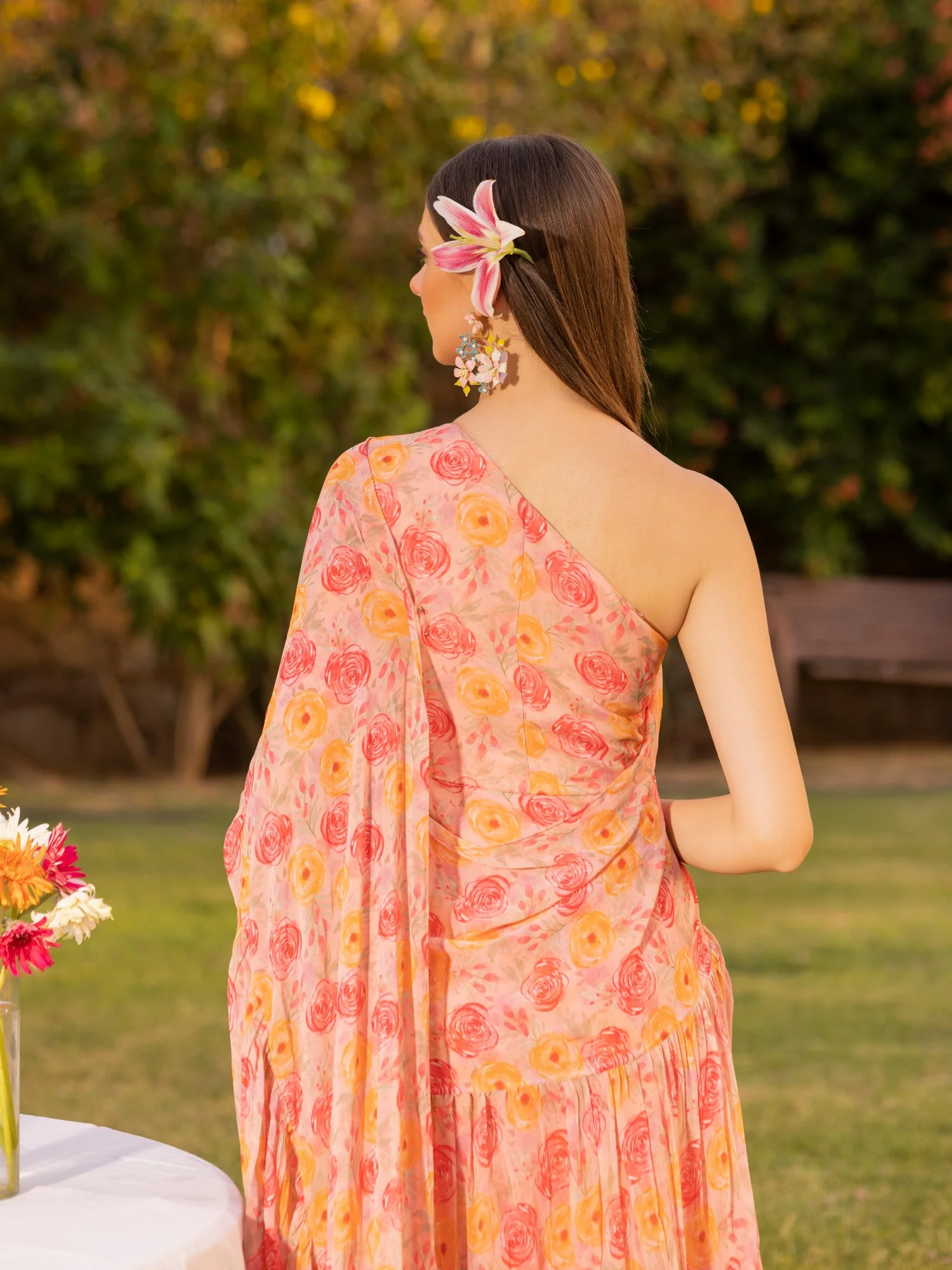 Digital Printed Pre-stitched Art Georgette Ruffle Saree - Image 3