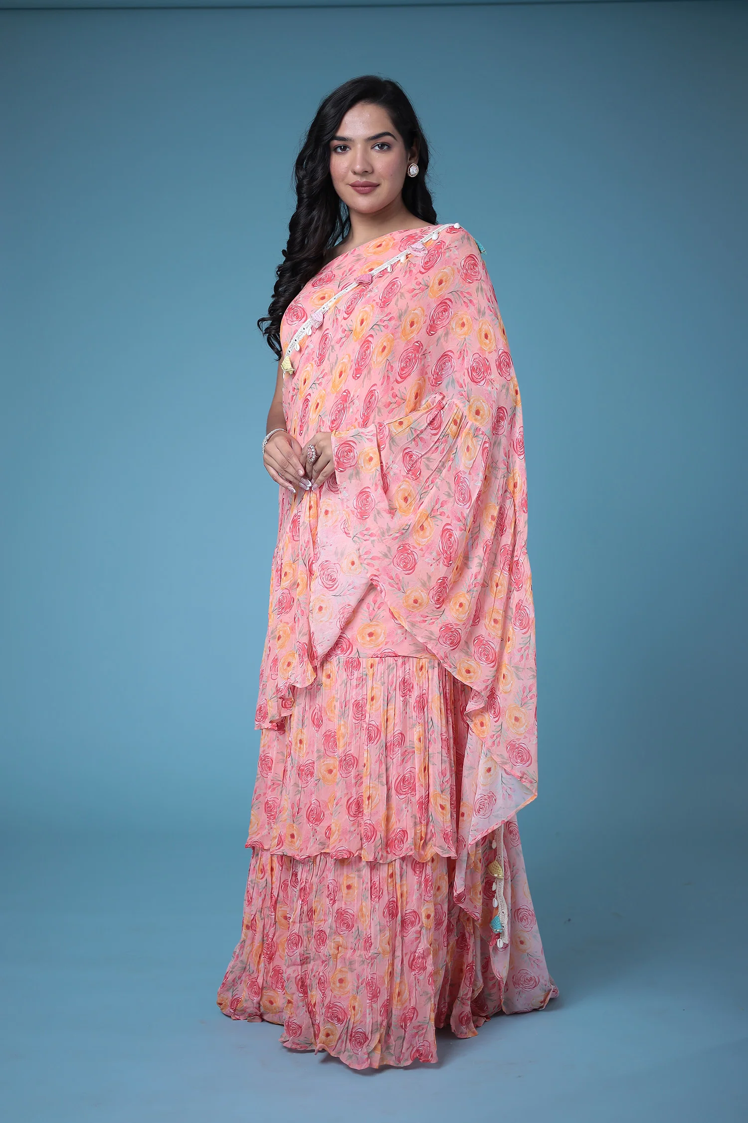 Digital Printed Pre-stitched Art Georgette Ruffle Saree - Image 7