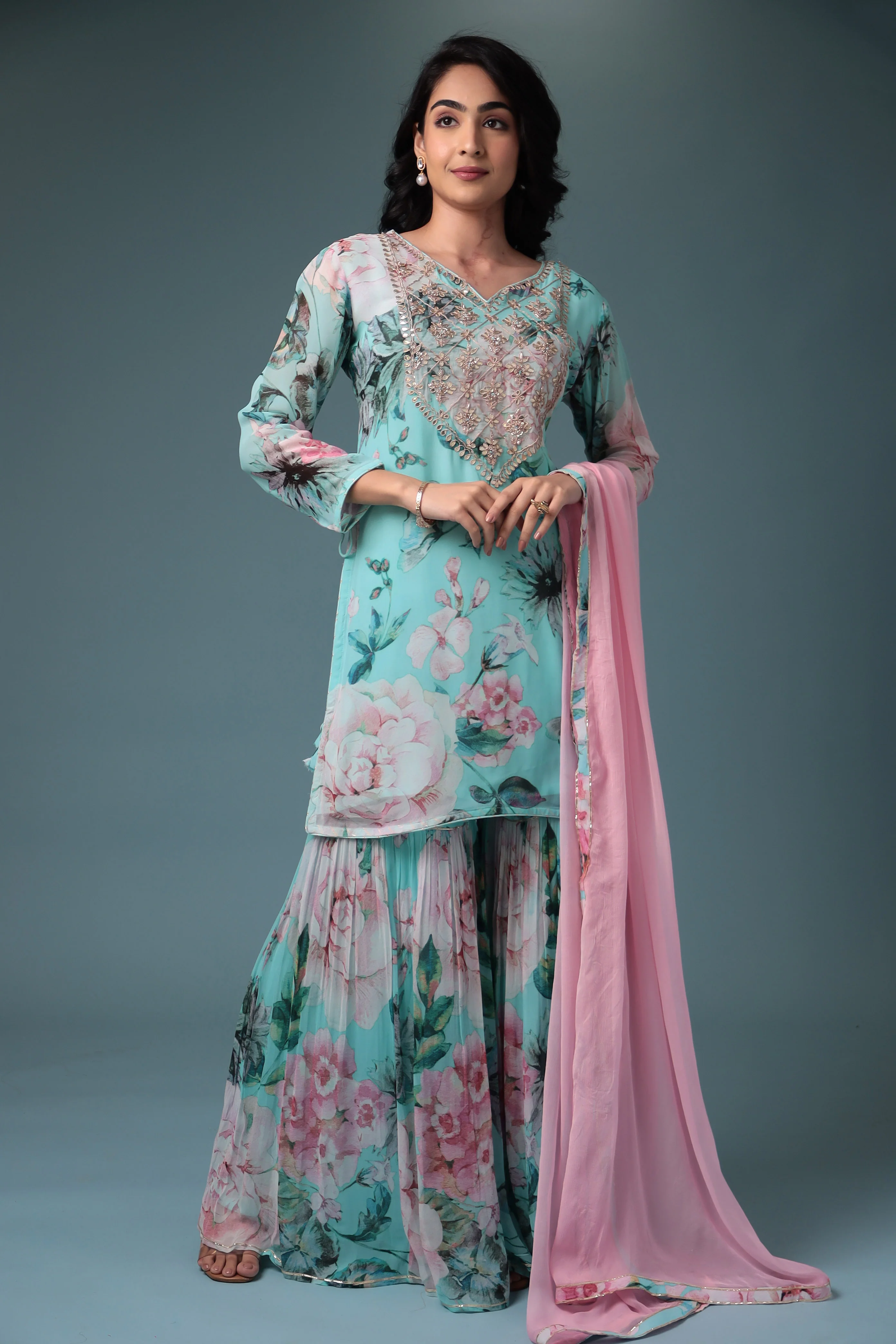 Printed Georgette Sharara Suit with Gota Patti work. - Image 11