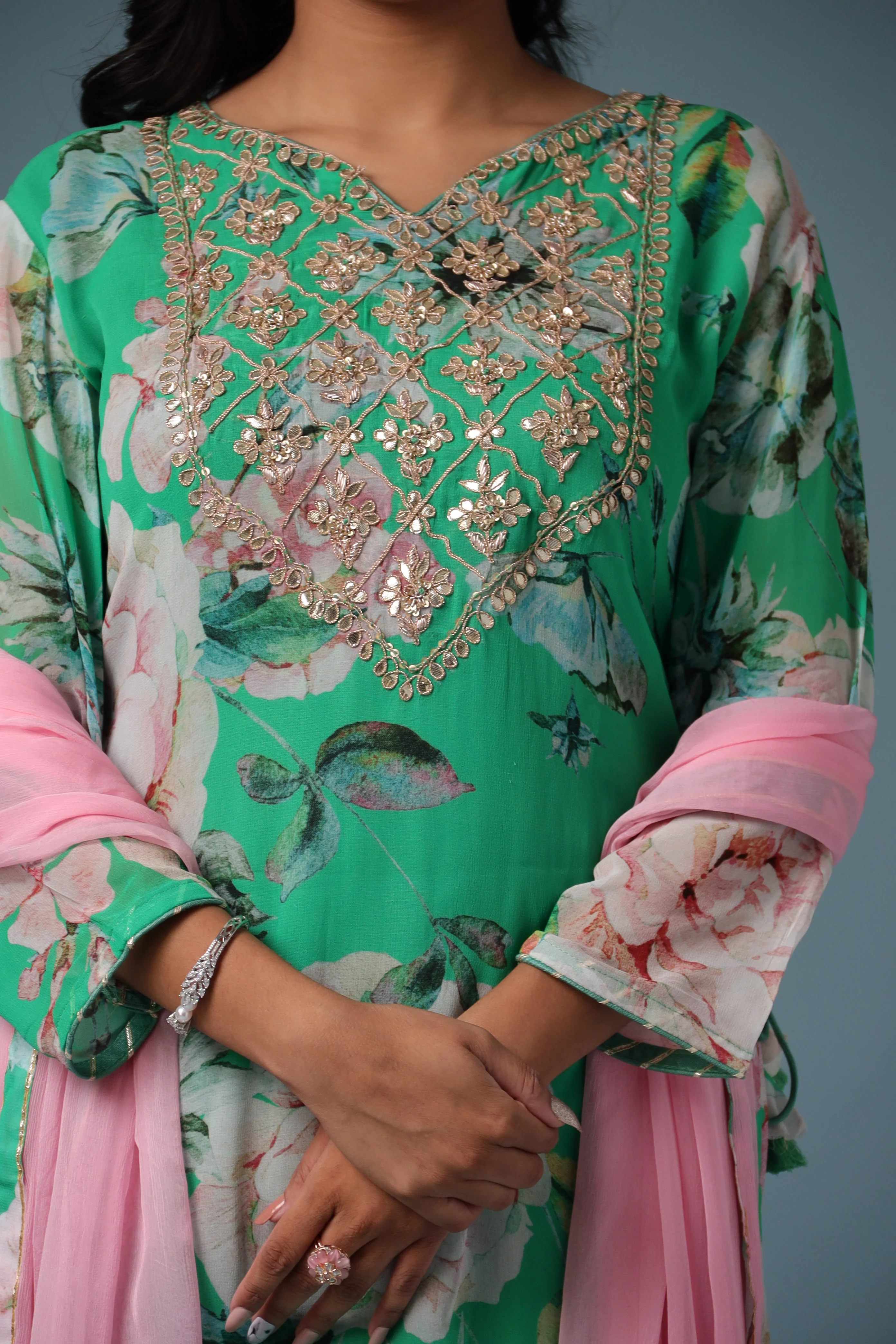 Printed Georgette Sharara Suit with Gota Patti work. - Image 4