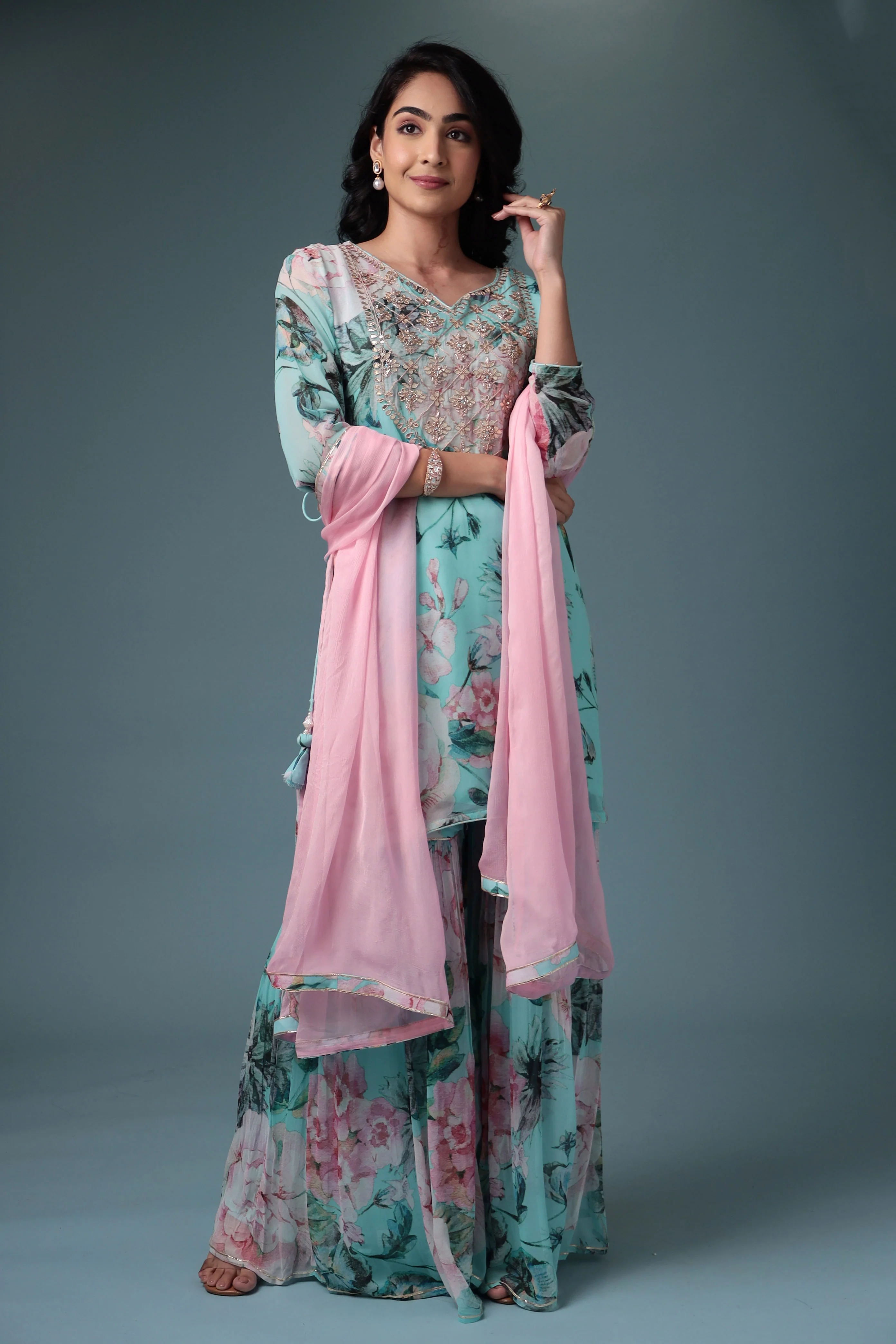 Printed Georgette Sharara Suit with Gota Patti work. - Image 9