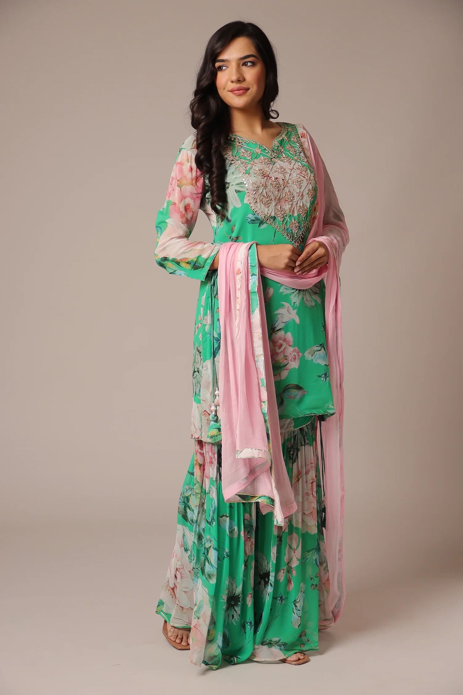 Printed Georgette Sharara Suit with Zardozi work. - Image 3