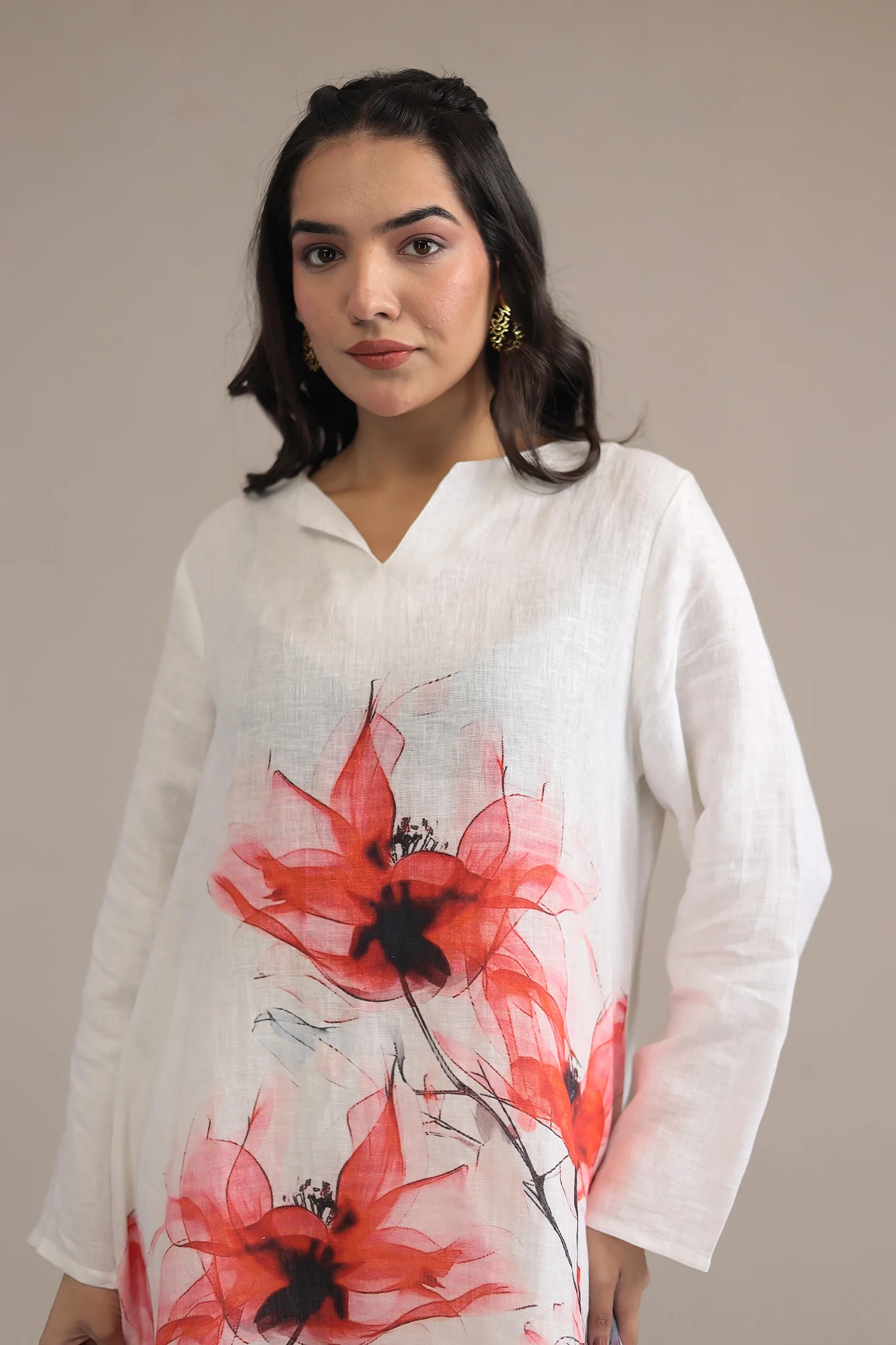 White Printed Linen Kurta - Image 2