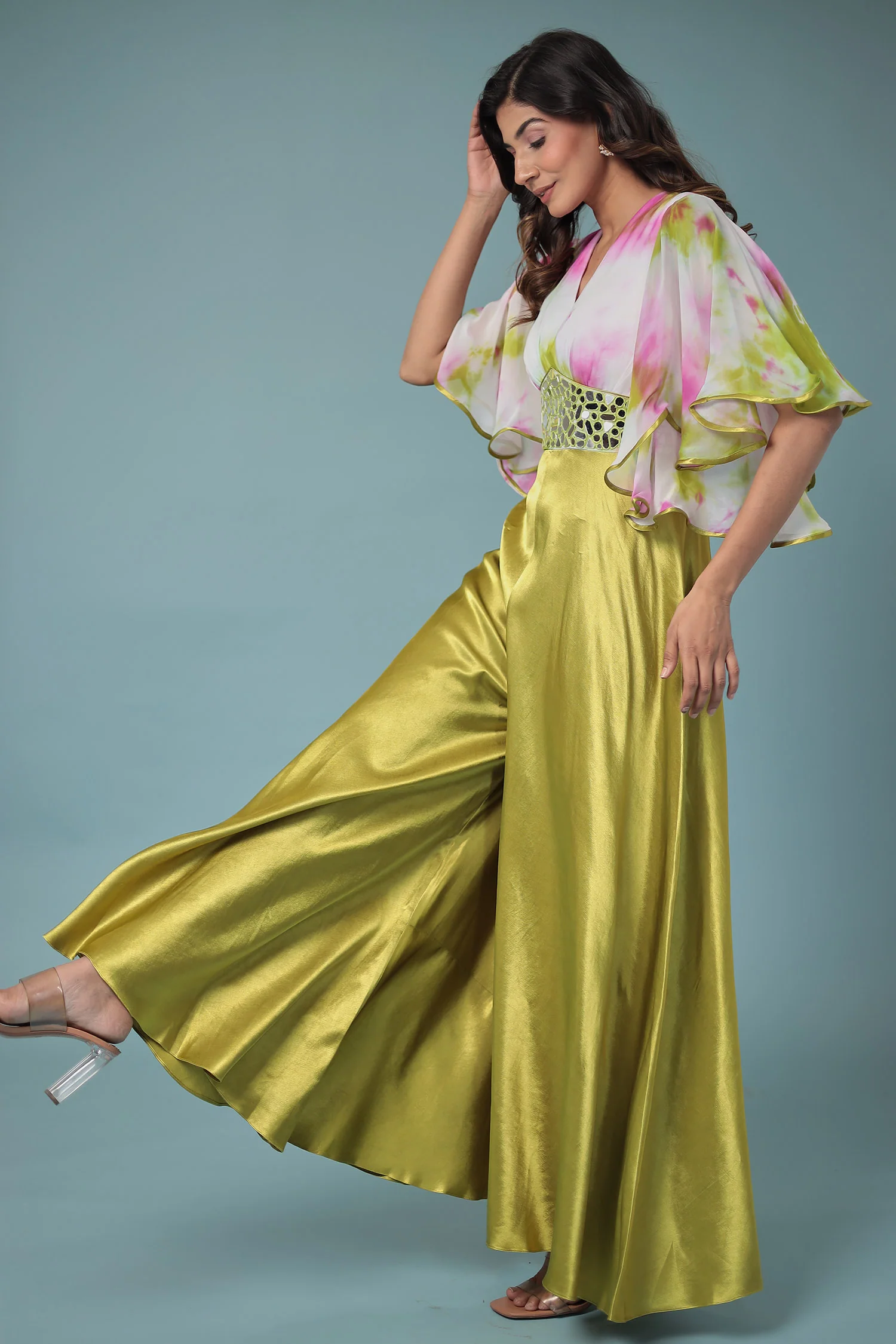 Printed Satin Silk Jump Suit with Mirror work - Image 6