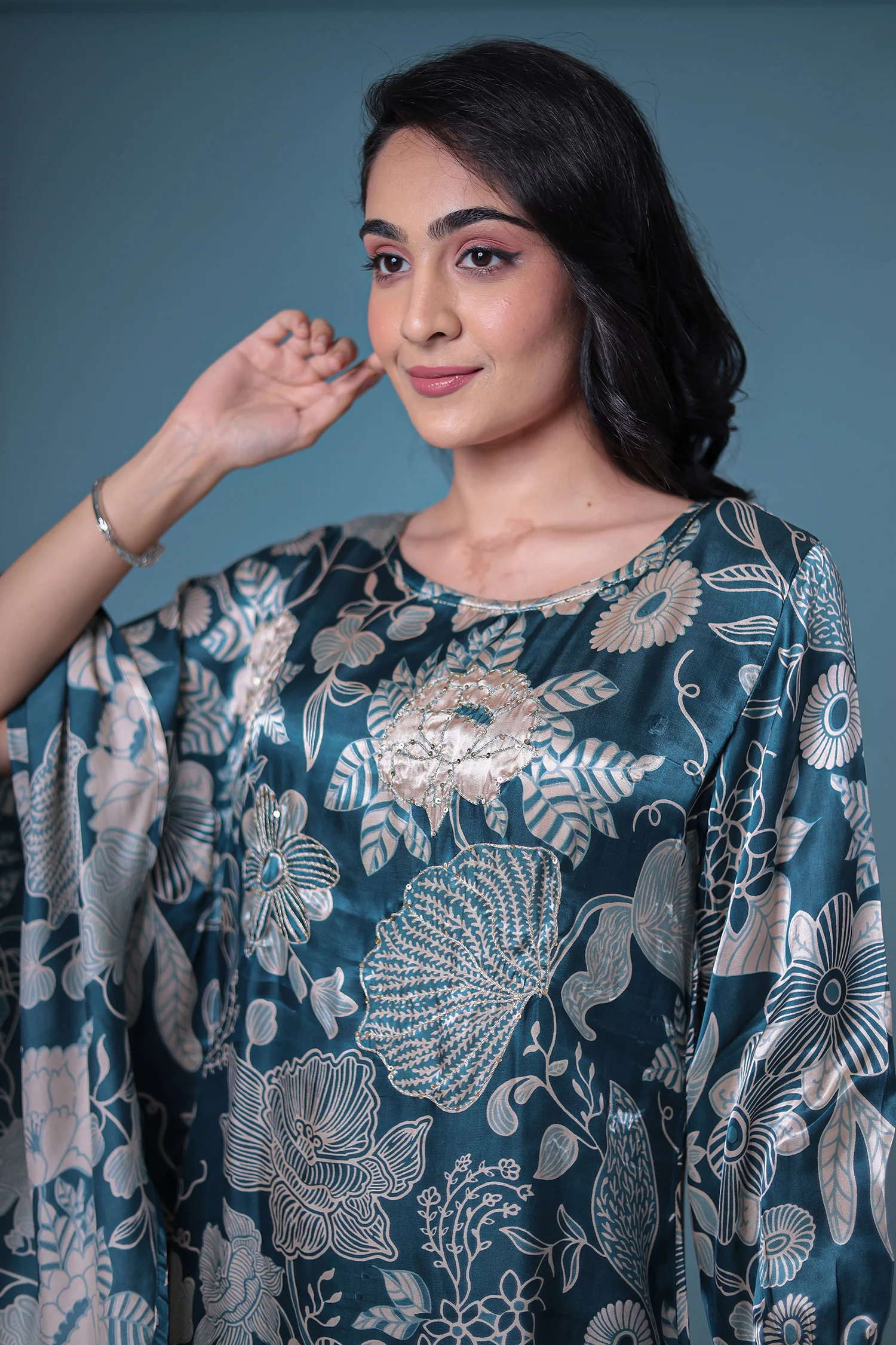 Printed Satin Silk Kurta Set Stitched with Aari work. - Image 3