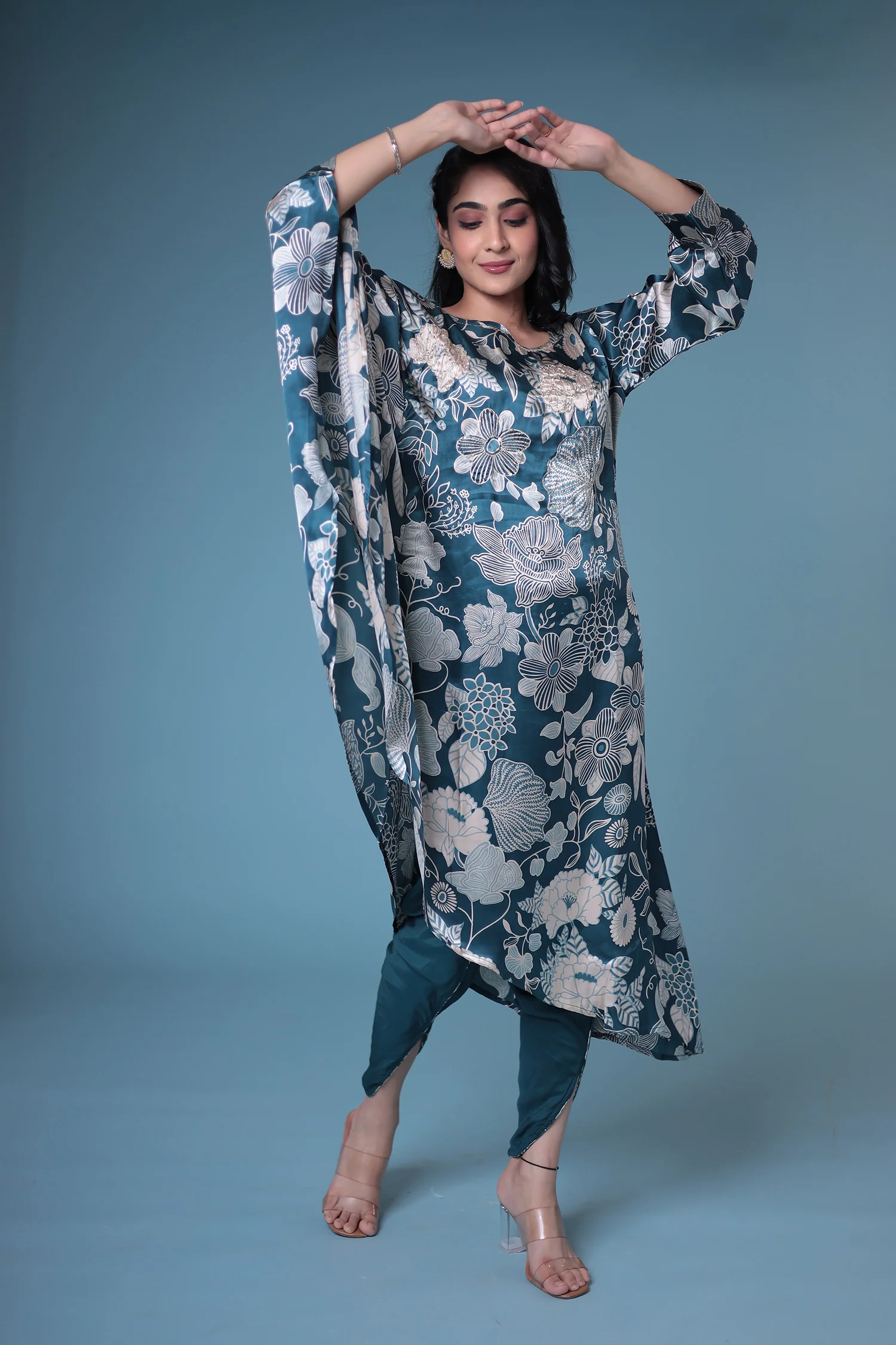 Printed Satin Silk Kurta Set Stitched with Aari work. - Image 4