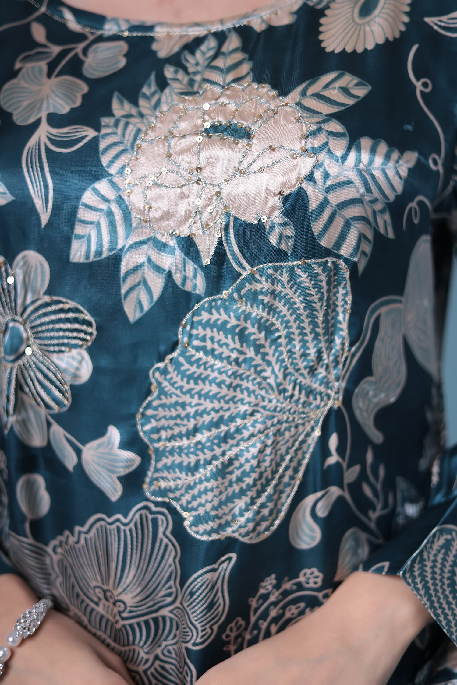 Printed Satin Silk Kurta Set Stitched with Aari work. - Image 5