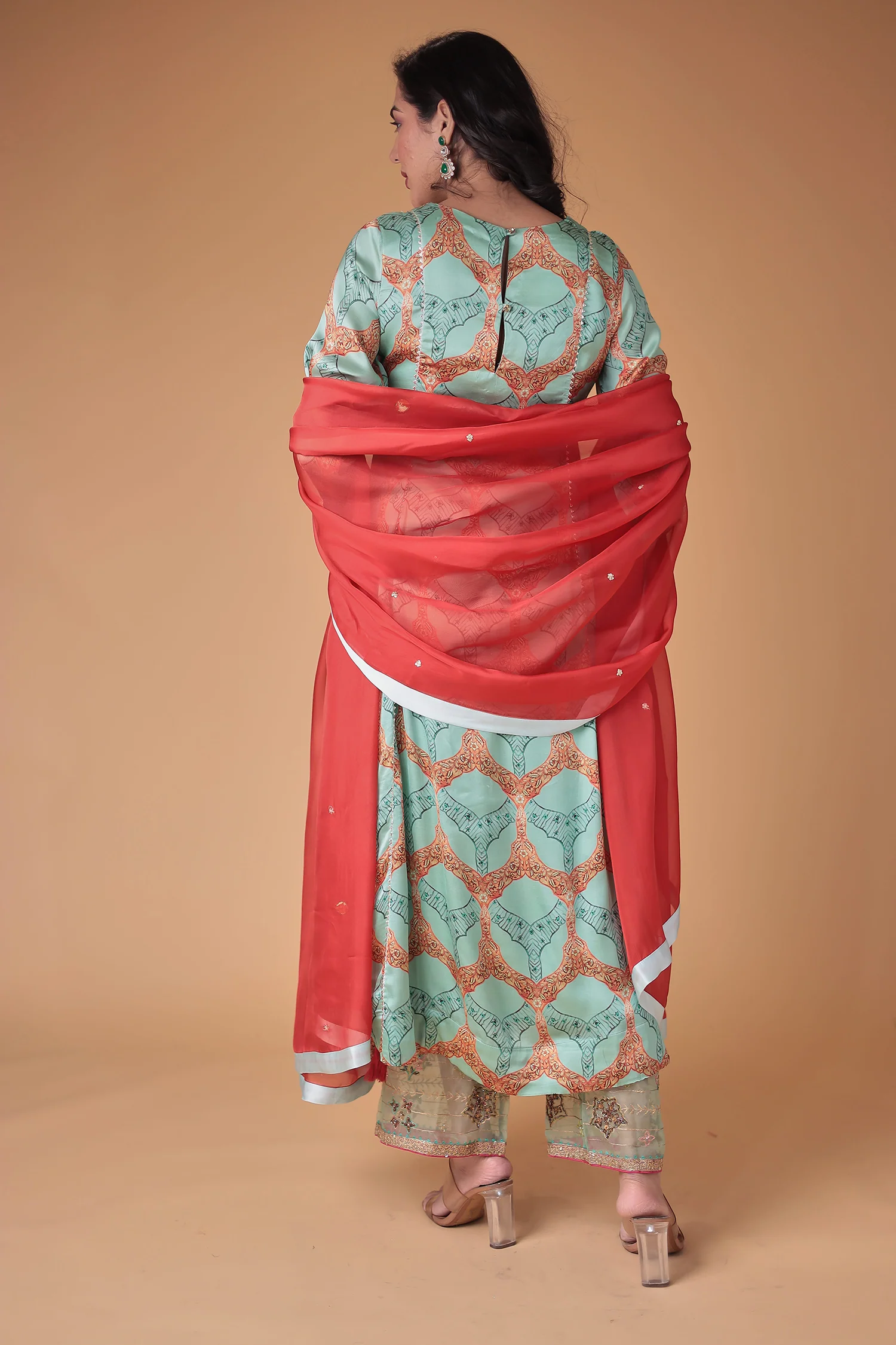 Printed Anarkali Satin Silk Suit with Embellished work - Image 20