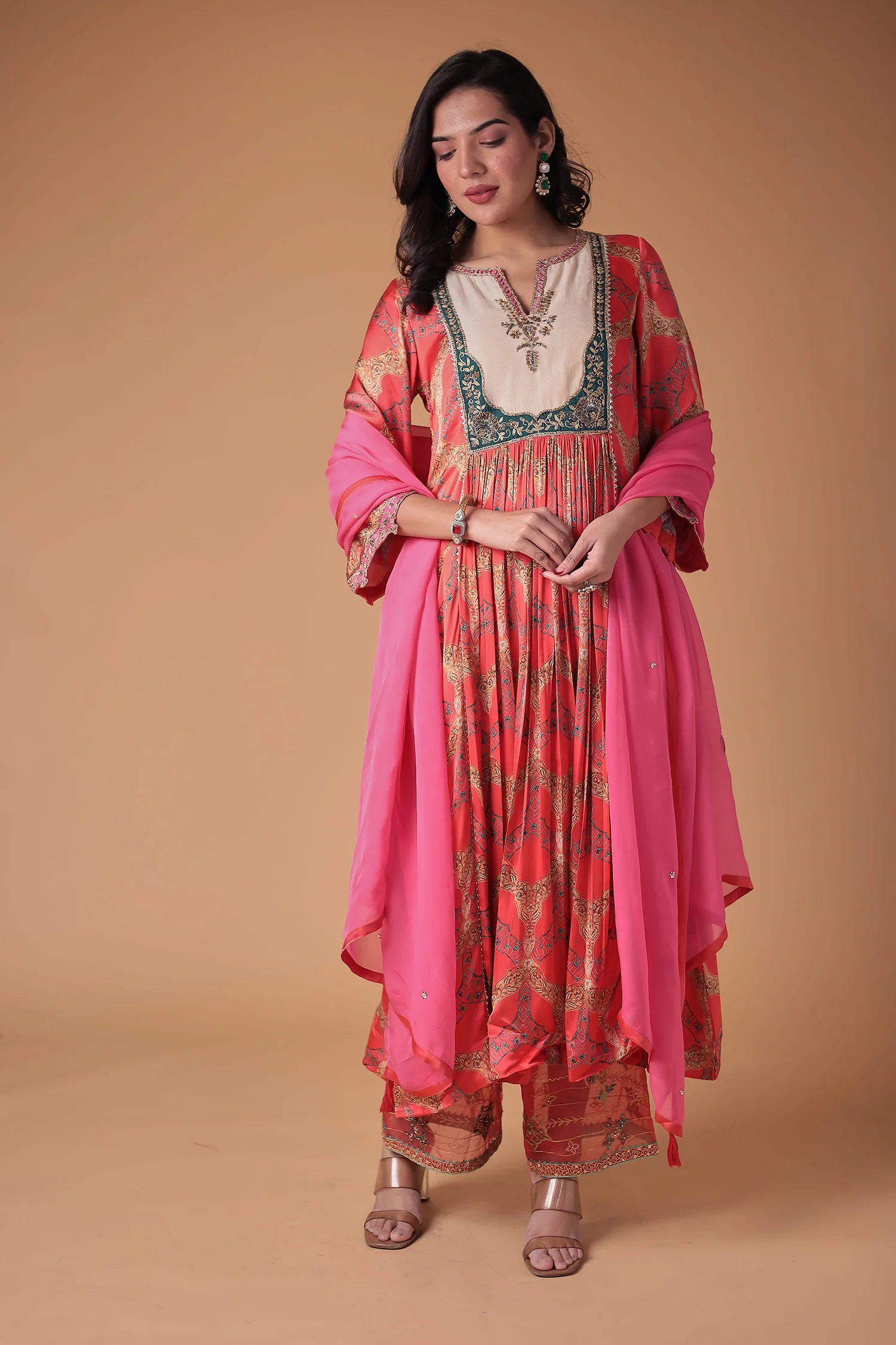Printed Anarkali Satin Silk Suit with Embellished work - Image 3