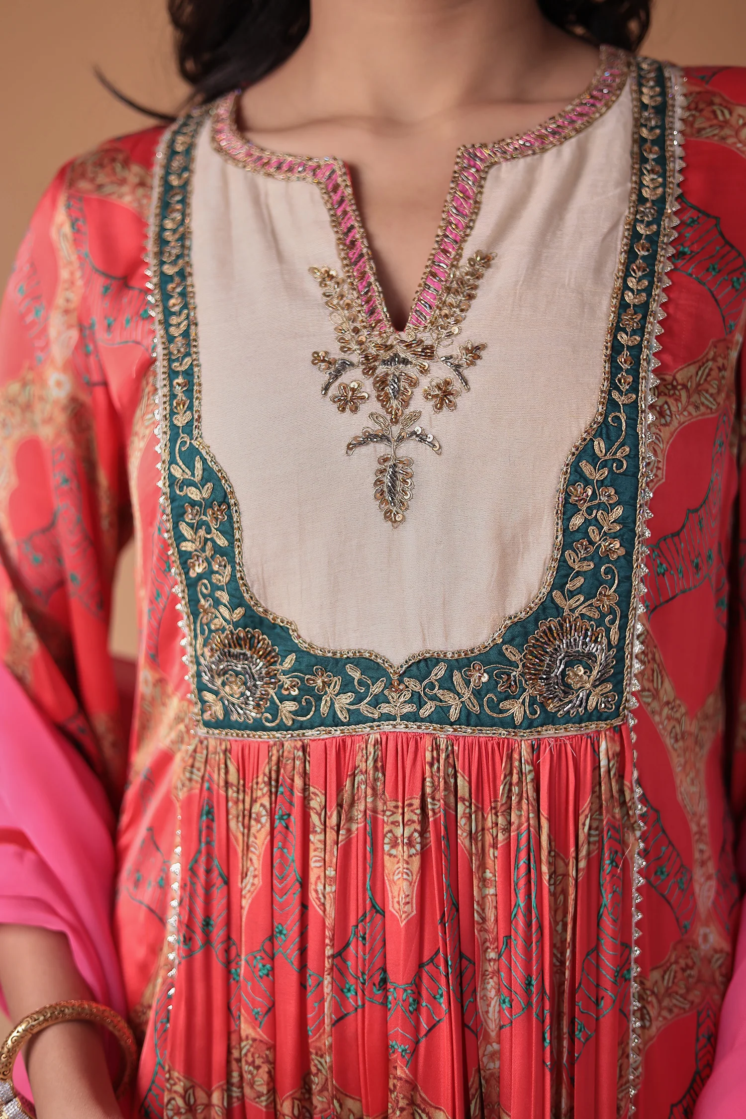 Printed Anarkali Satin Silk Suit with Embellished work - Image 4