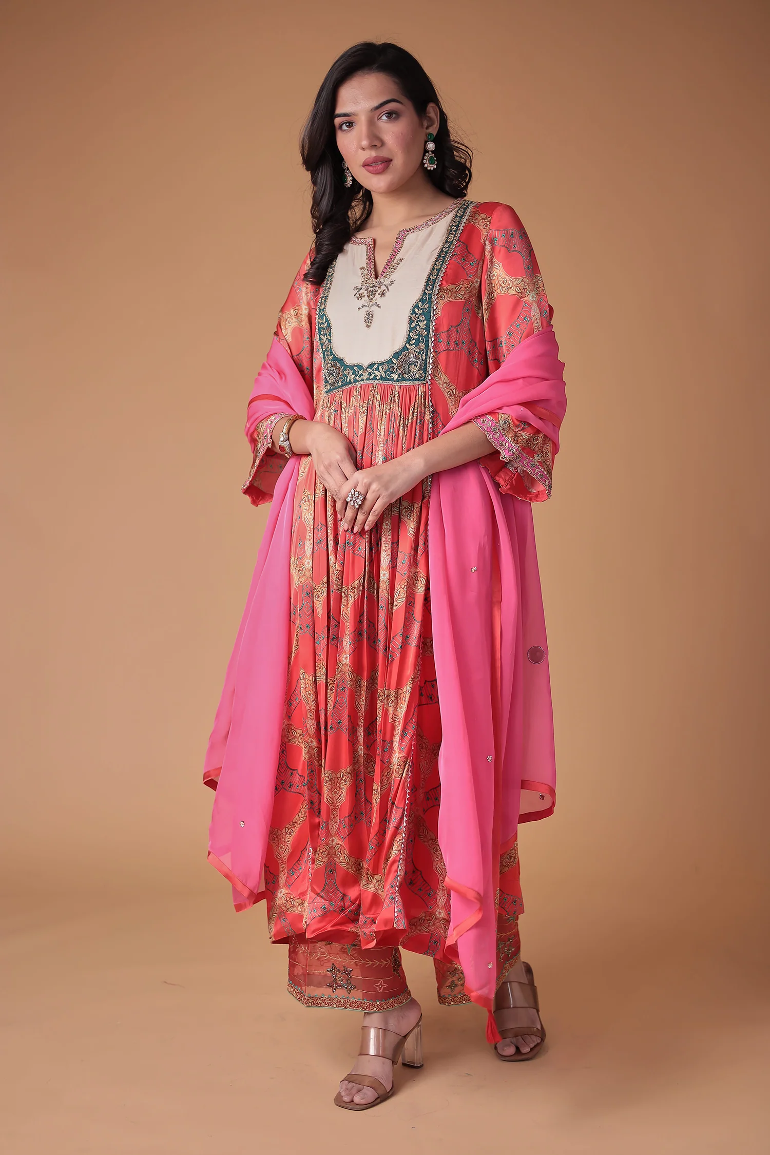Printed Anarkali Satin Silk Suit with Embellished work - Image 5