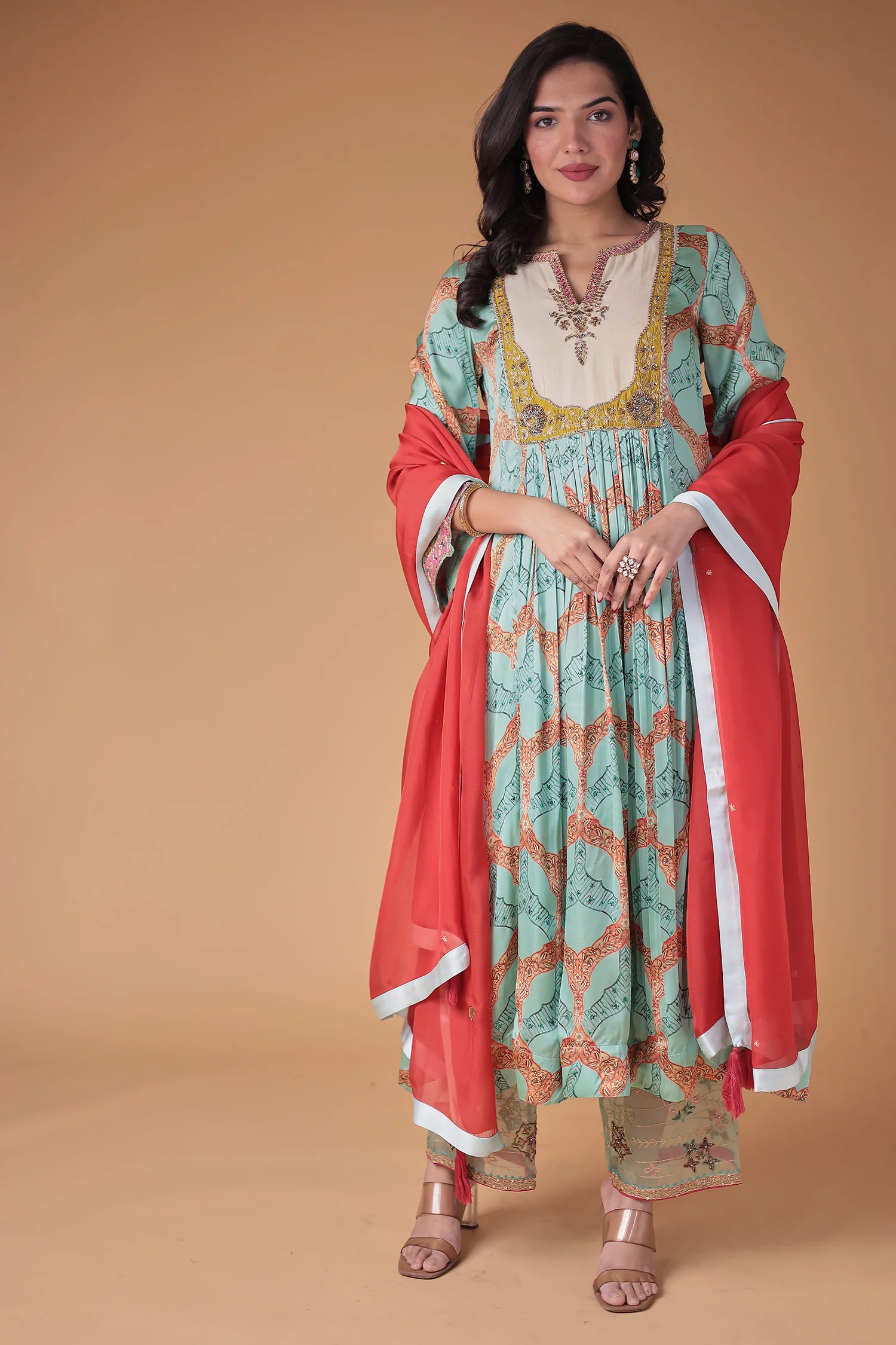 Printed Anarkali Satin Silk Suit with Embellished work - Image 8