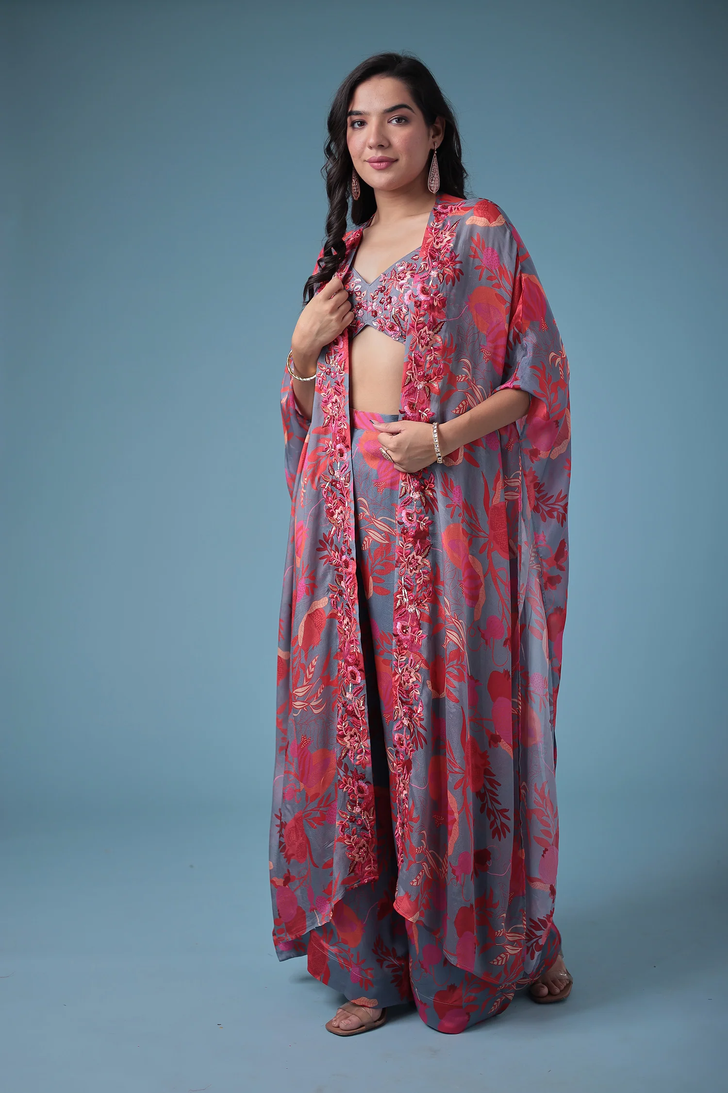 Embroidered Printed Silk Indowestern with Sequins work - Image 3