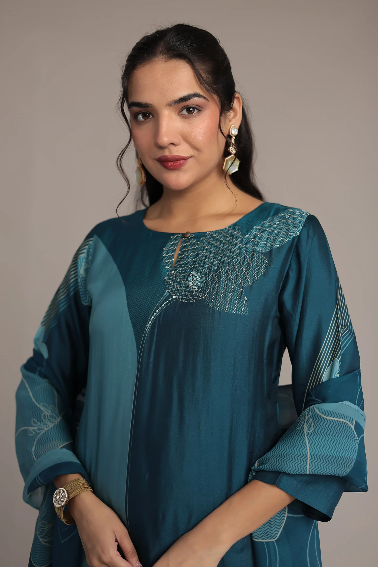 Printed Silk Kurta Set Stitched with Aari and Sequins work - Image 3