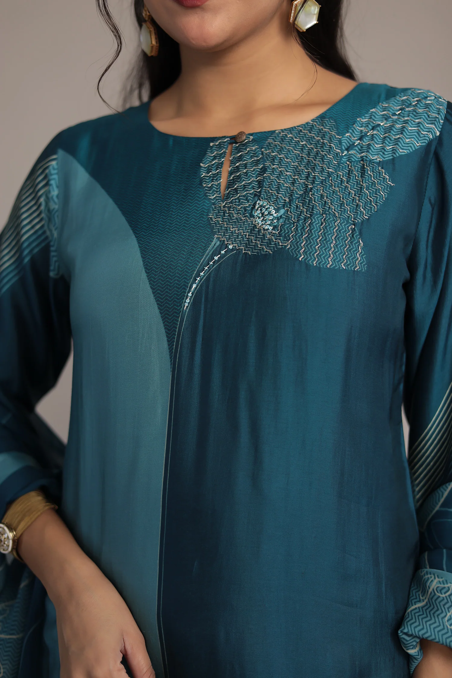 Printed Silk Kurta Set Stitched with Aari and Sequins work - Image 5