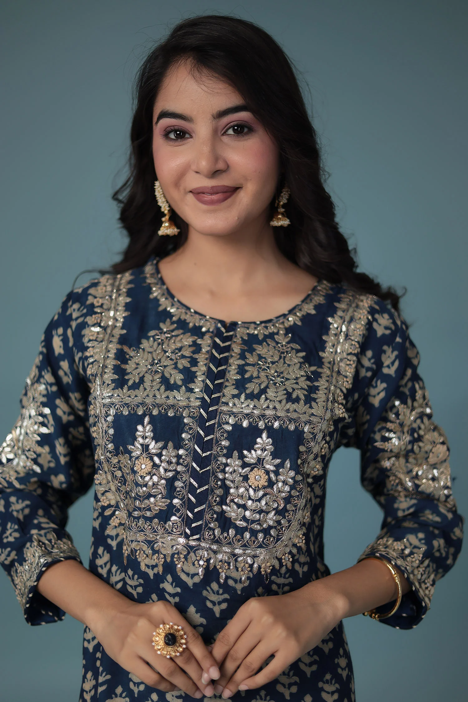 Cotton Silk Dabu Print Suit with Hand Aari work. - Image 2
