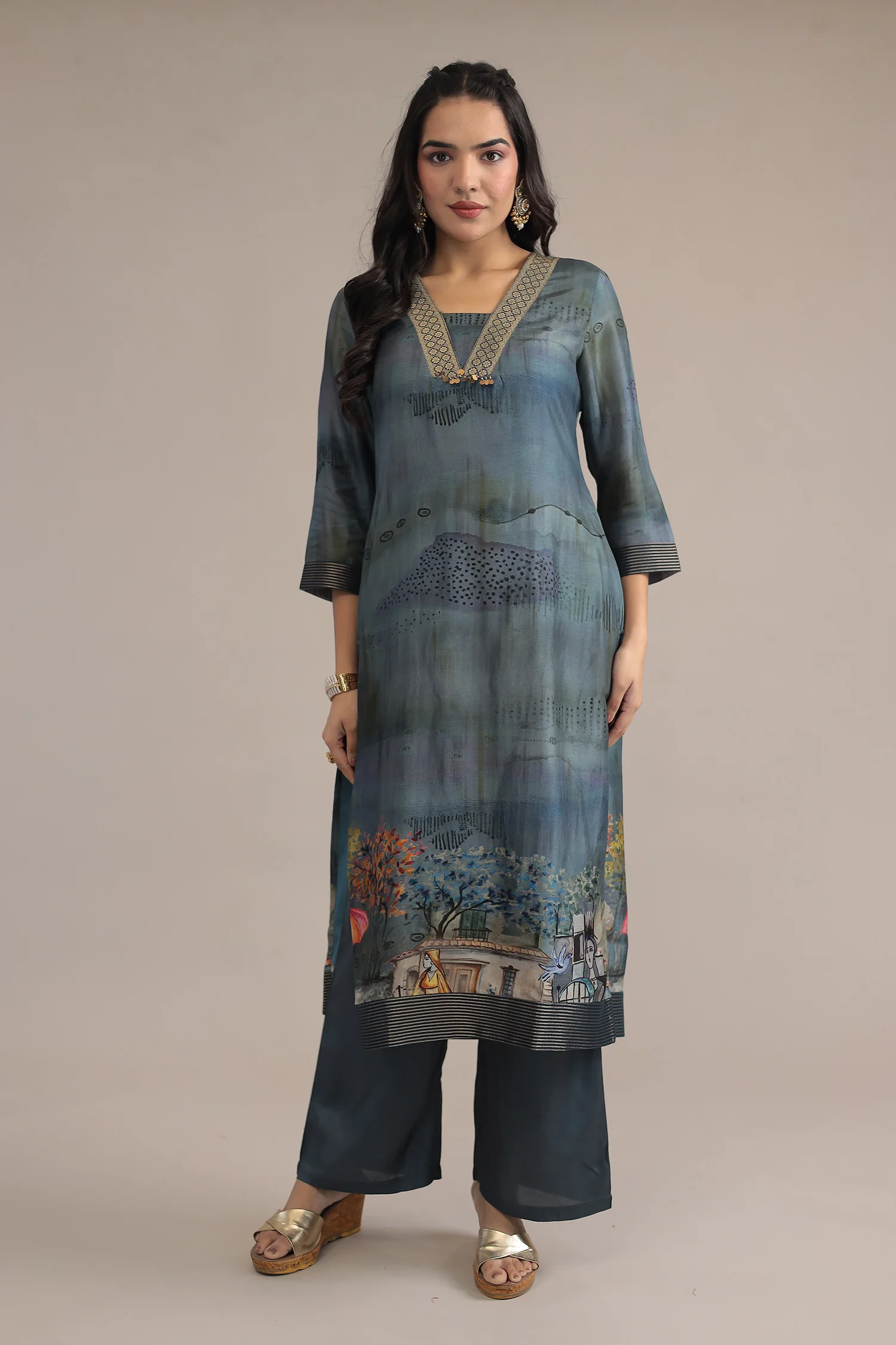 Grey Printed Silk Suit with Zari Border