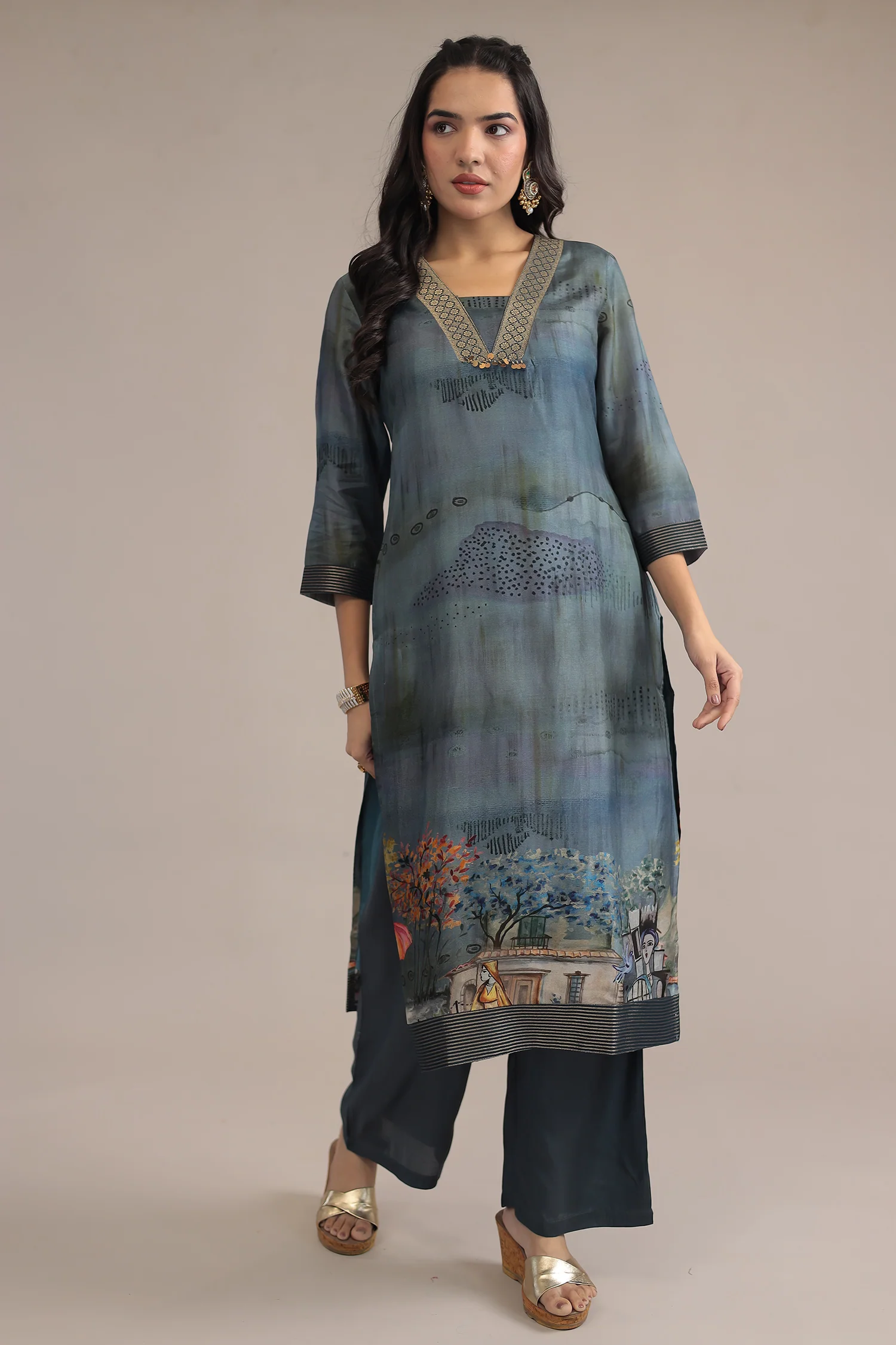 Grey Printed Silk Suit with Zari Border - Image 3