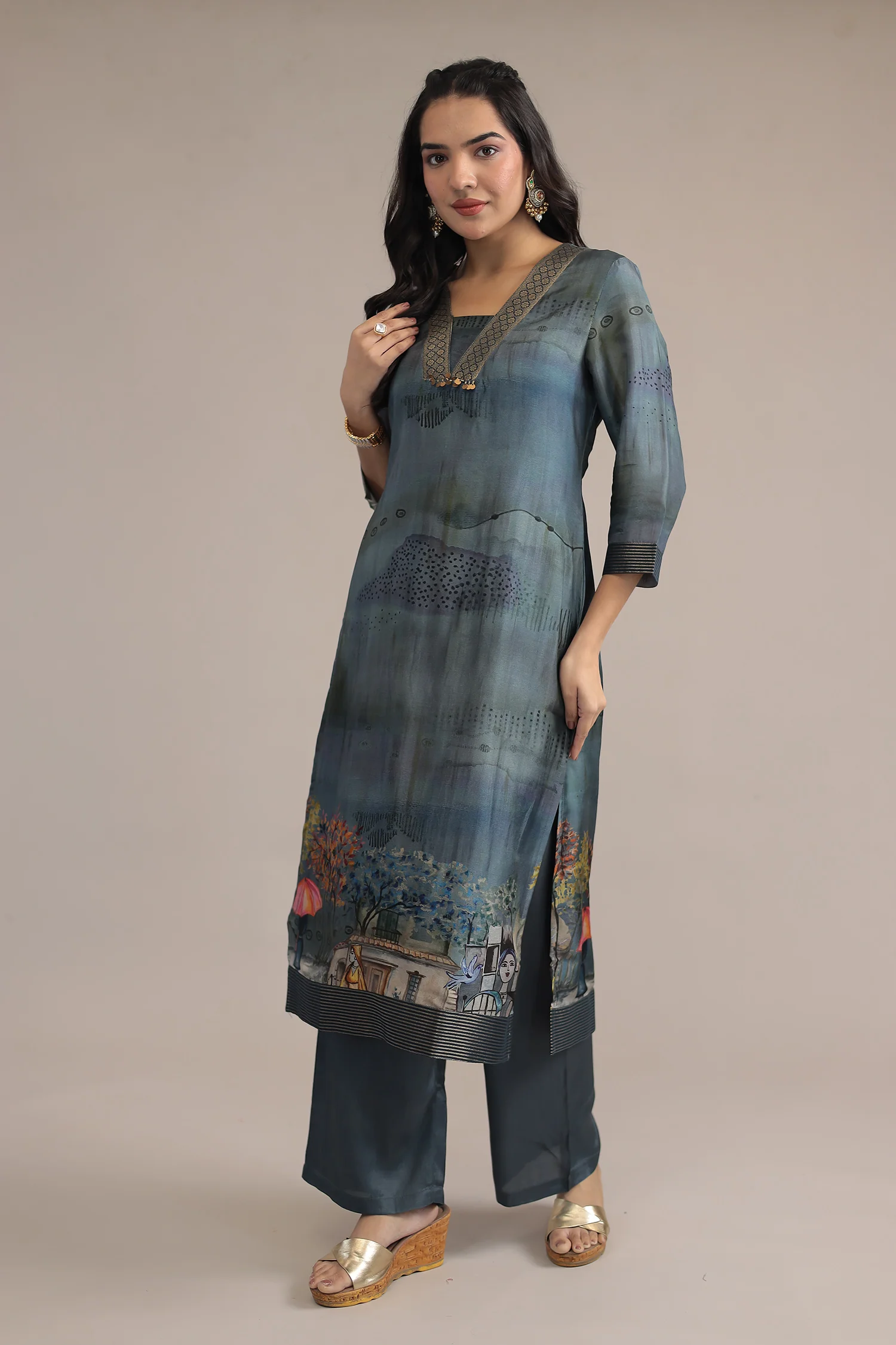 Grey Printed Silk Suit with Zari Border - Image 5
