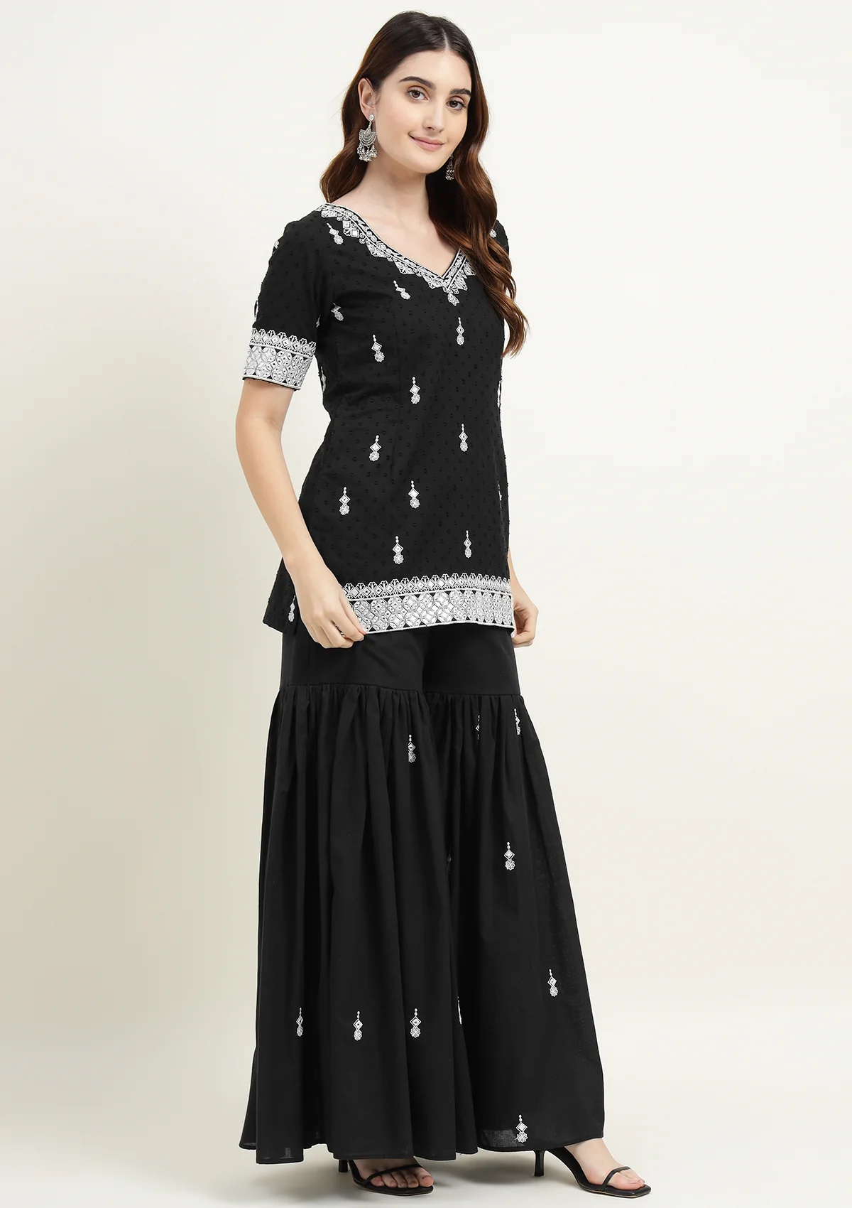 Black Pure Cotton Sharara Suit with Thread work - Image 3