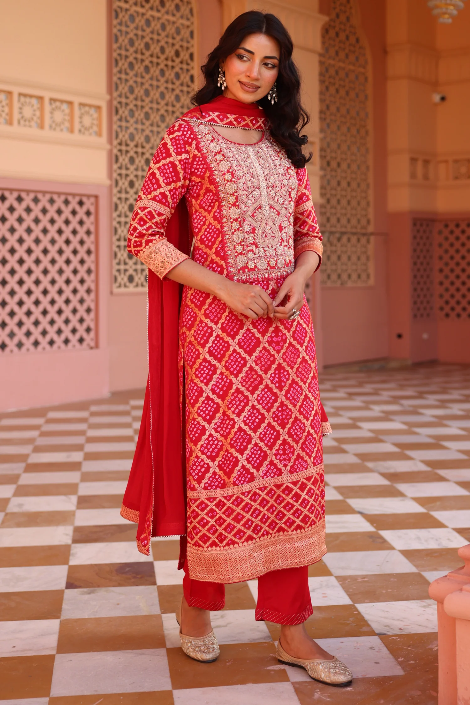 Pure Zari bandhej Suit Set with Dori, Gota Patti, Thread work. - Image 3