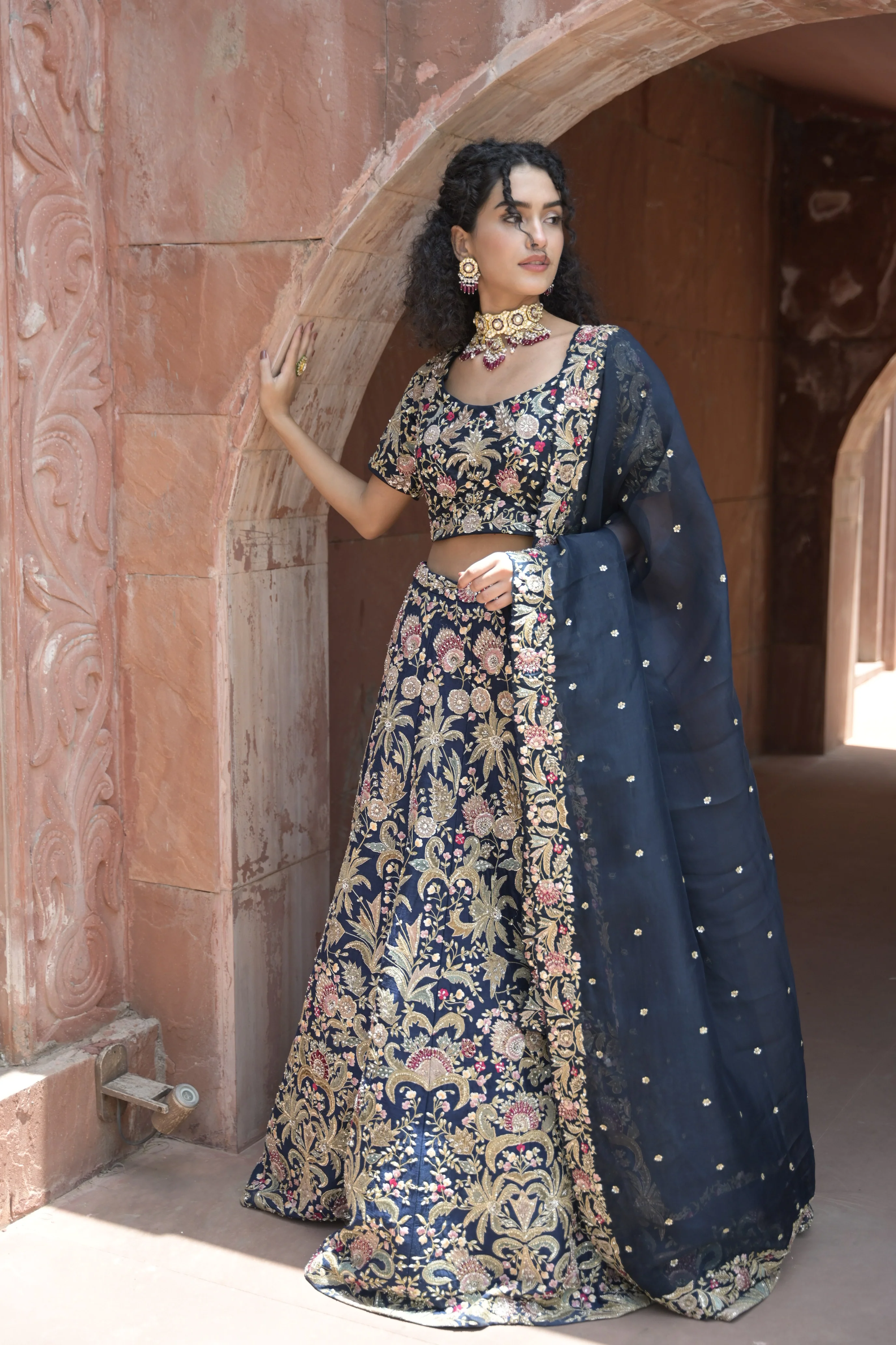 Exquisite Embroidered Raw Silk Lehenga adorned with Sequins and Thread Work - Image 3