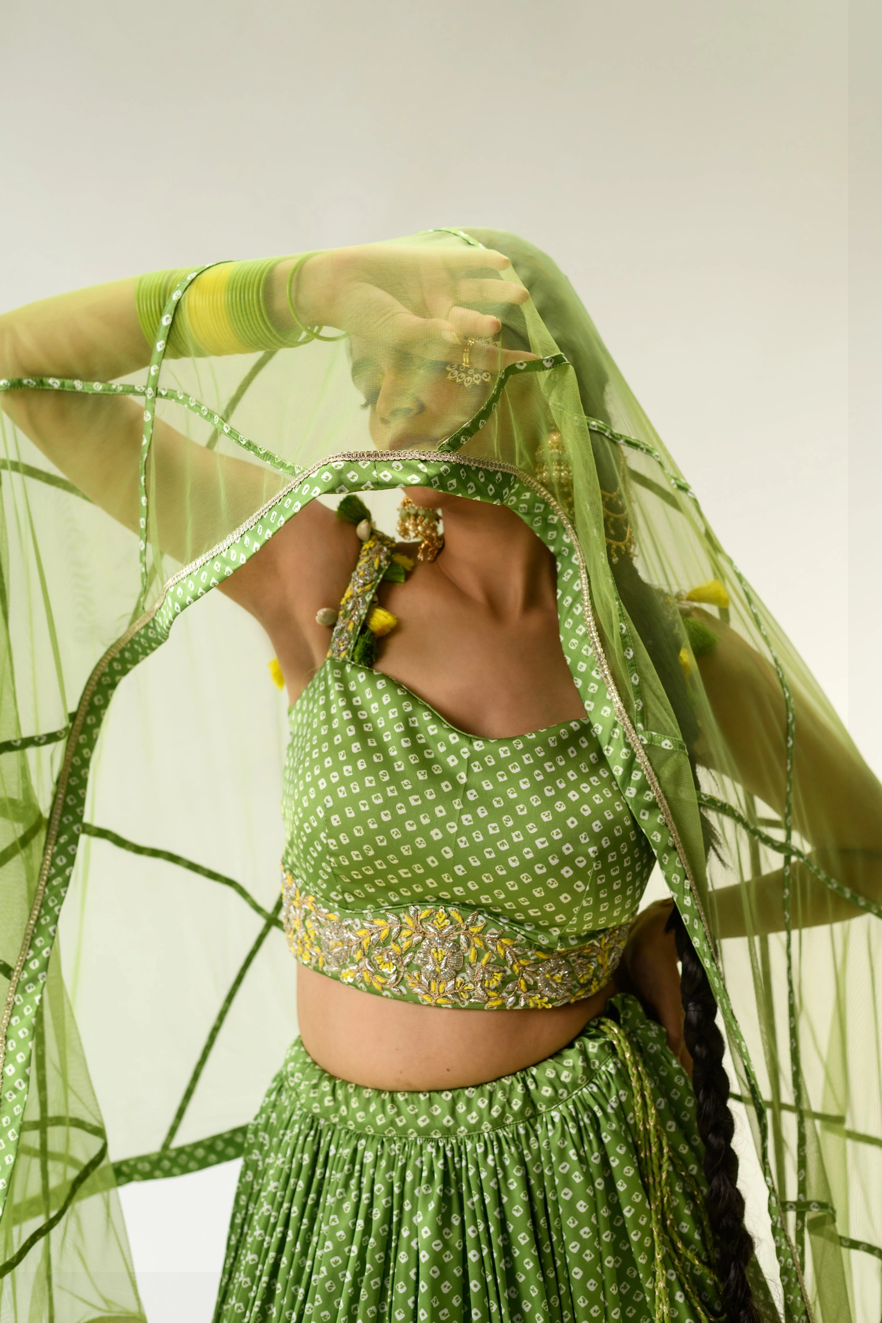 Satin Bandhej Lehenga with Gota Patti, Zardosi, Thread work. - Image 2